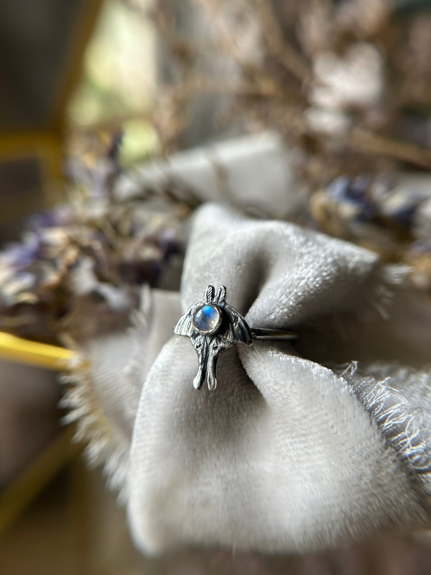 Luna moth ring with choice of gemstone sterling silver jewelry