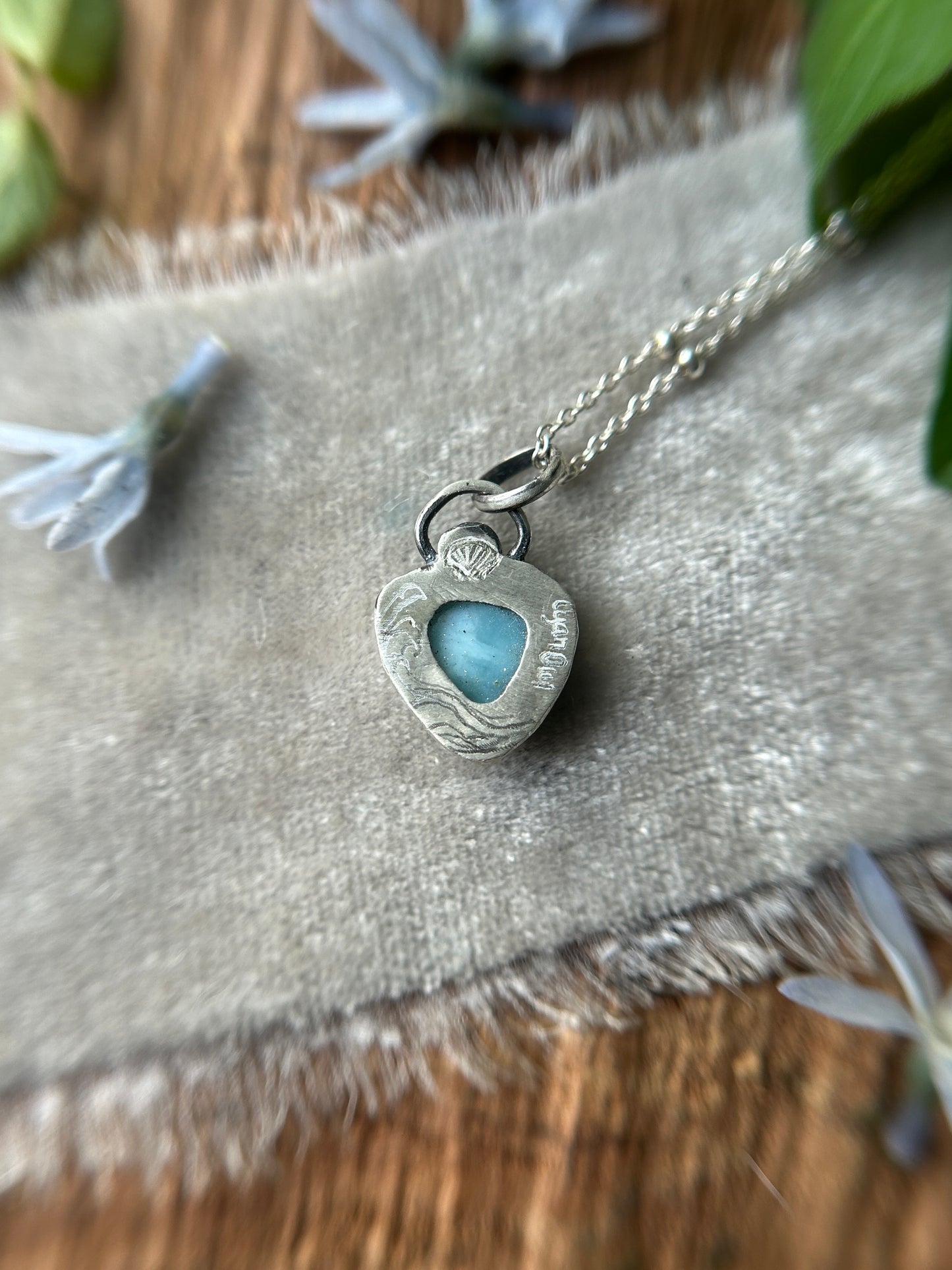 Larimar with Sea Shell Detail- Sterling silver necklace- metalsmith made