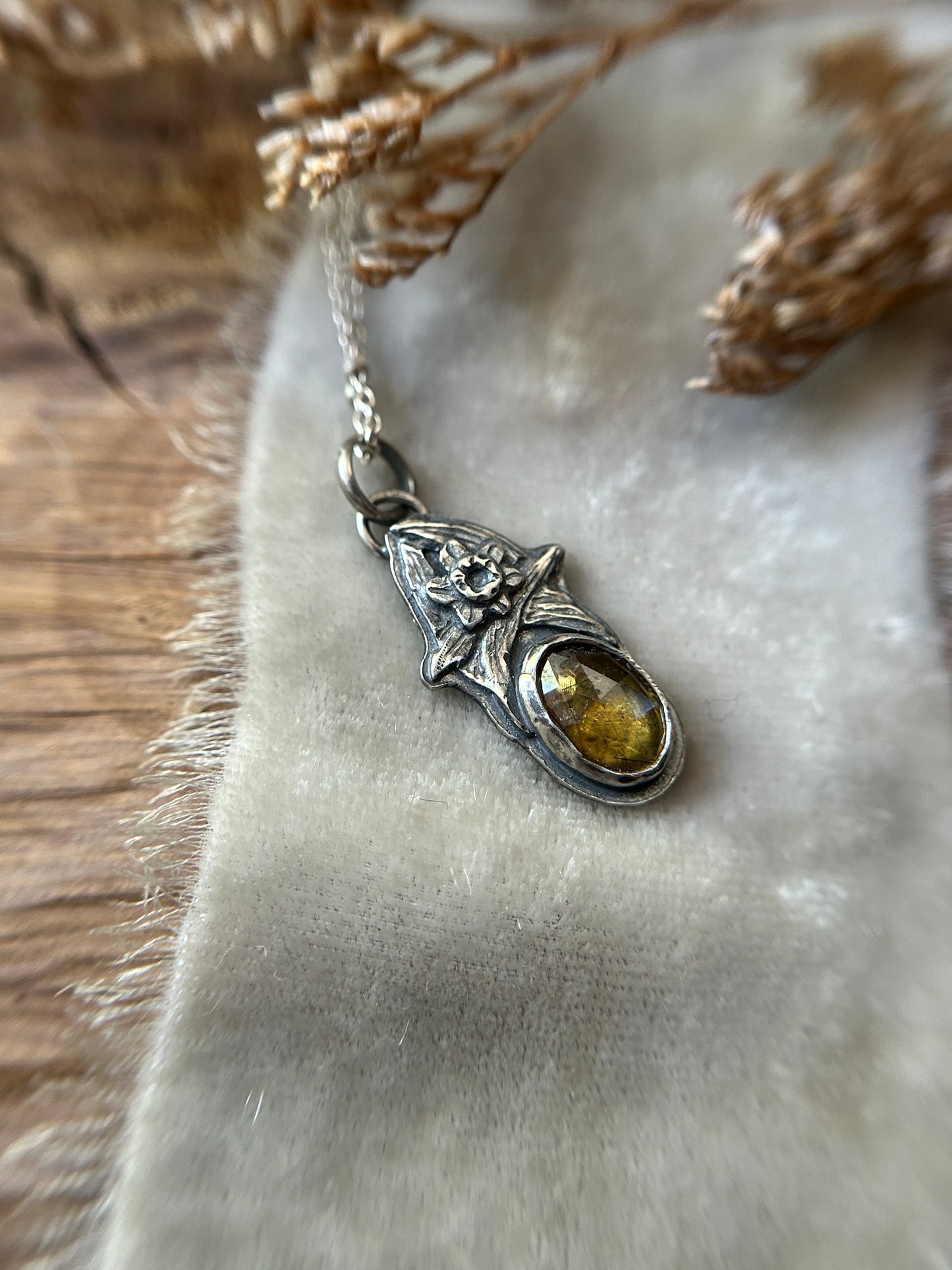 Sphene and Daffodil Necklace- sterling silver floral jewelry