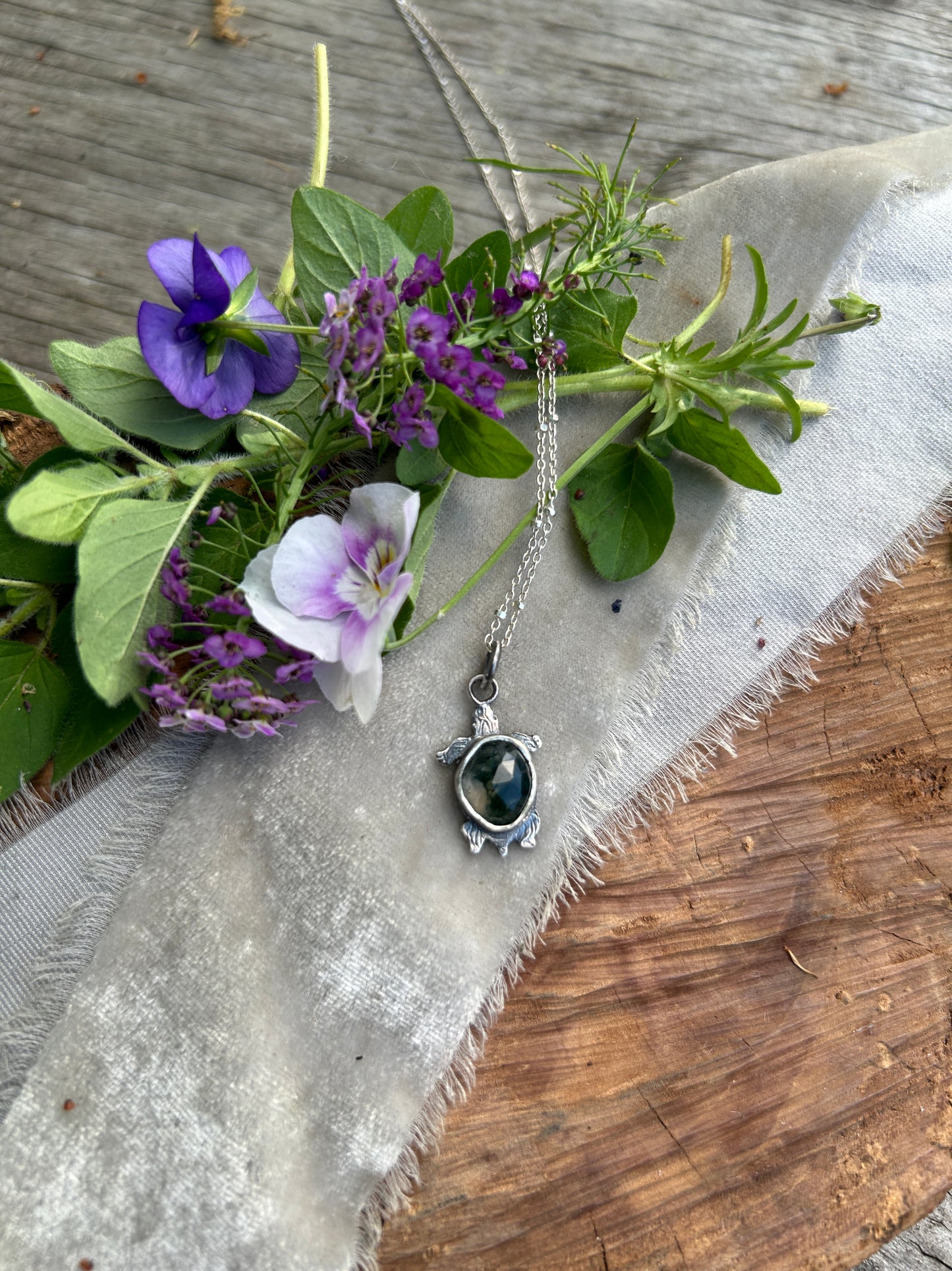 Swamp Turtle Necklace in moss agate- sterling silver