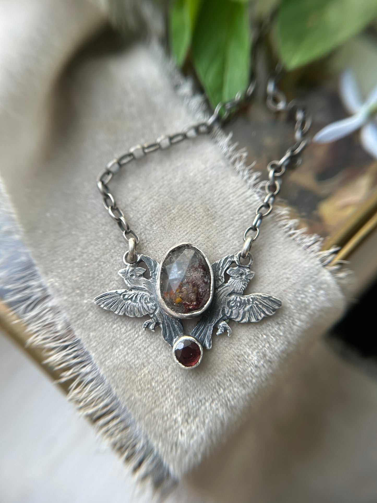 Cardinals with garden quartz and garnet necklace- sterling silver jewelry