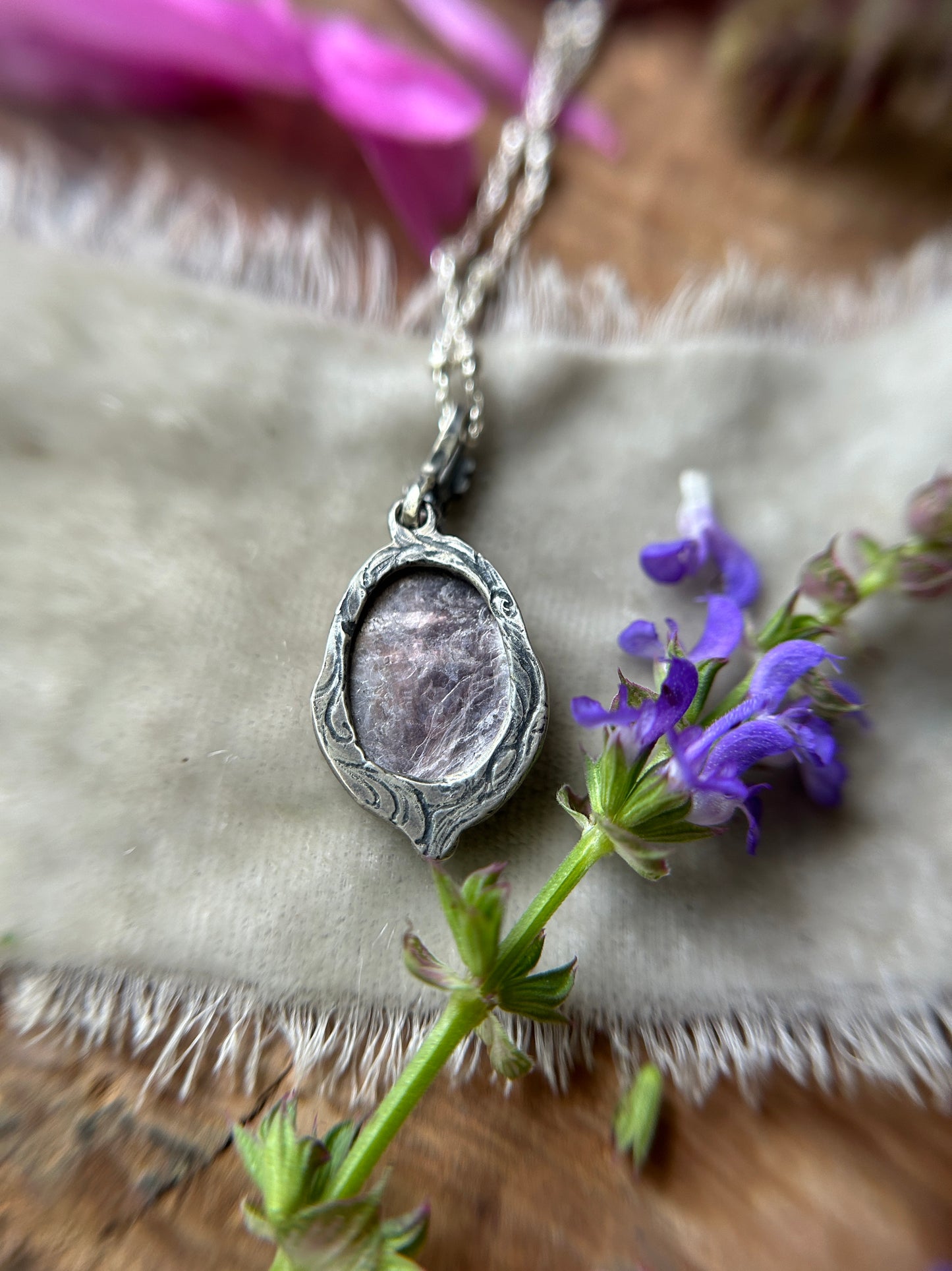 Lepidolite with Lilac Flower detail necklace- sterling silver jewelry