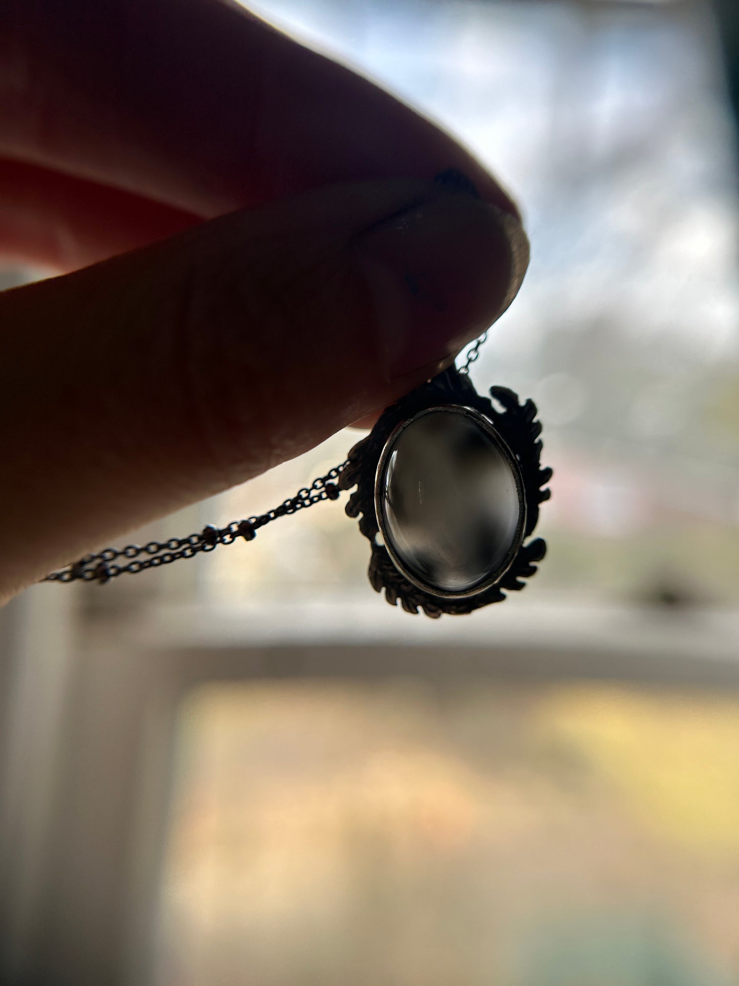 Grey Moonstone Forest Scrying Mirror Necklace- sterling silver