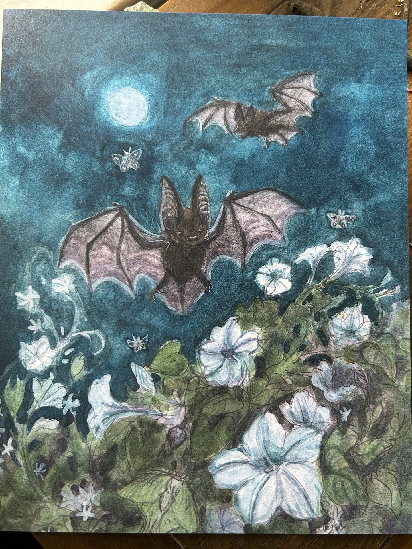 Art print-moonlit garden among bats & moths with moonflowers and star jasmine- 8x10 inches watercolor print