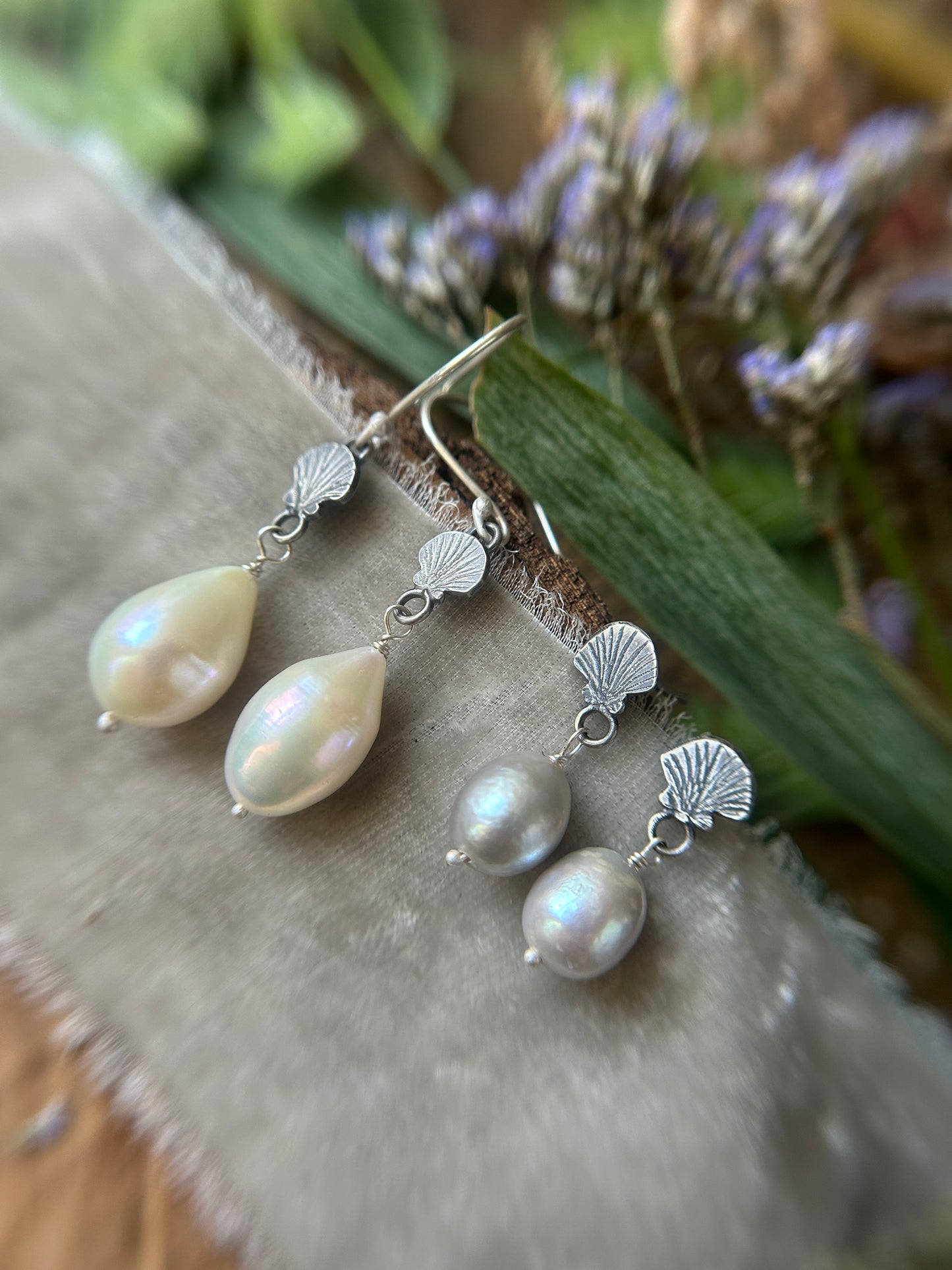 Baroque Pearl Seashell Earrings- sterling silver jewelry