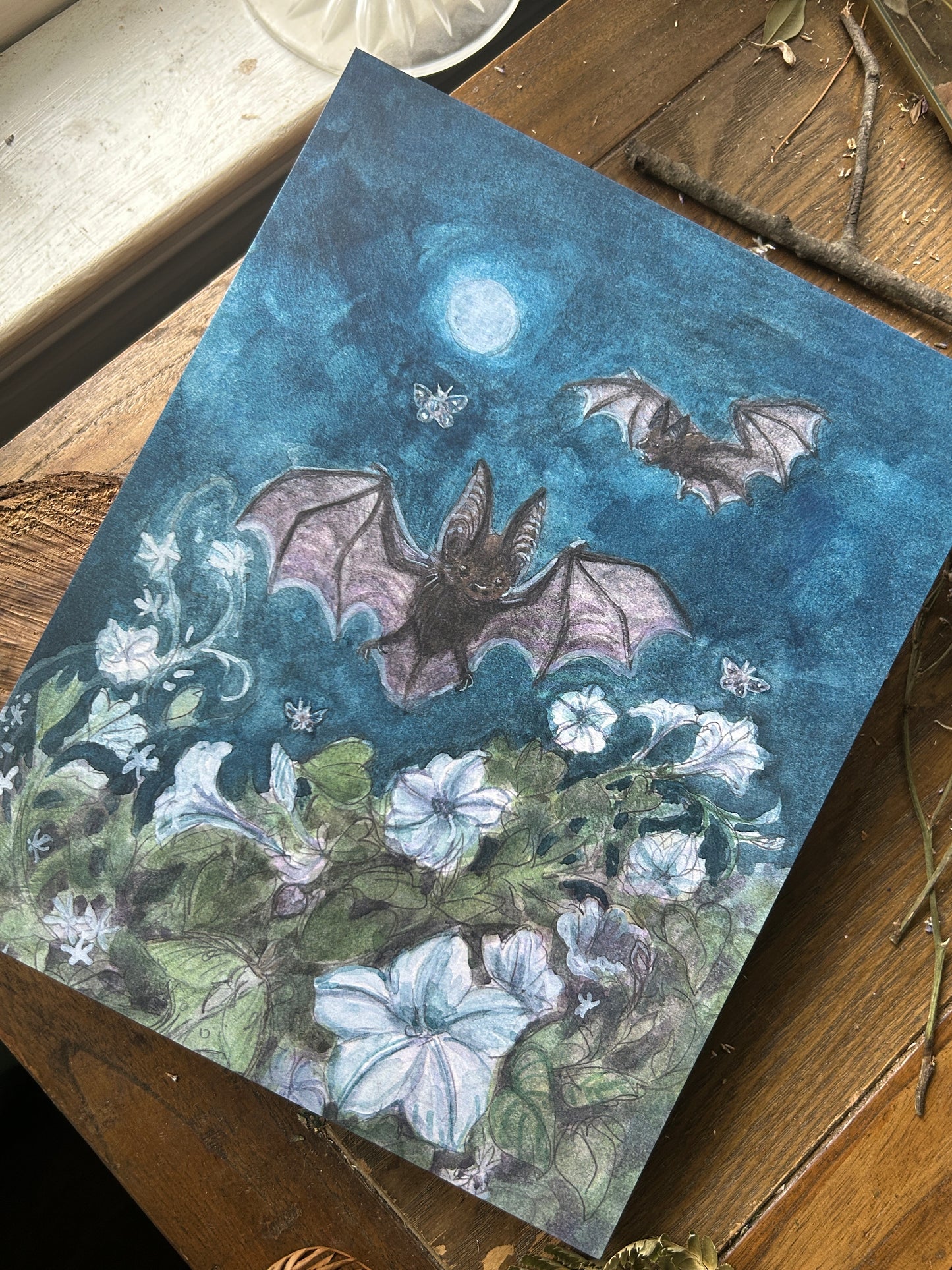 Art print-moonlit garden among bats & moths with moonflowers and star jasmine- 8x10 inches watercolor print