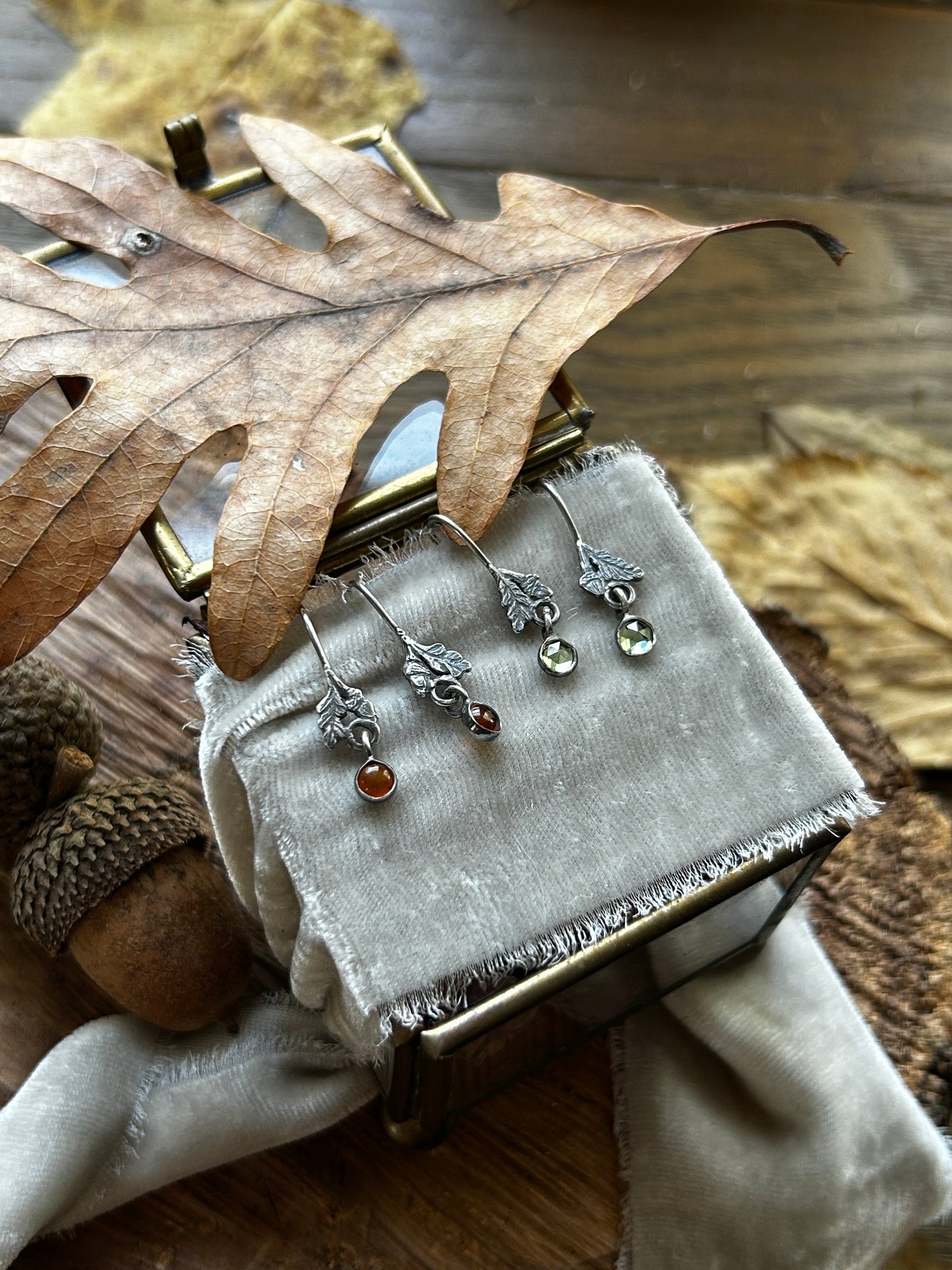 Oak leaf and Acorn Earrings- Sterling silver jewelry with gemstone charm