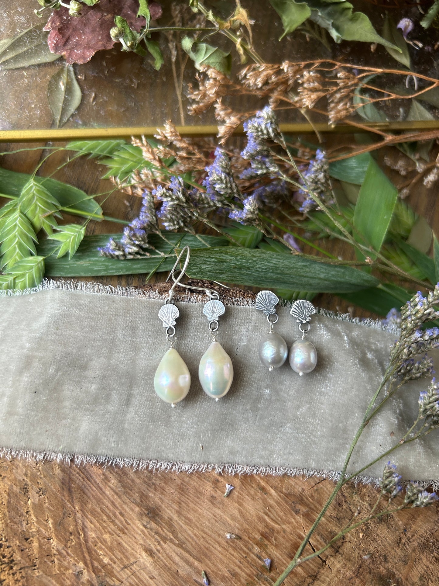 Baroque Pearl Seashell Earrings- sterling silver jewelry