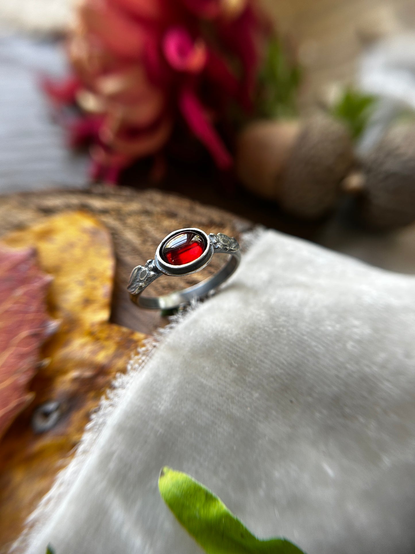 Pomegranate Garnet Ring with hidden moon- sterling silver jewelry