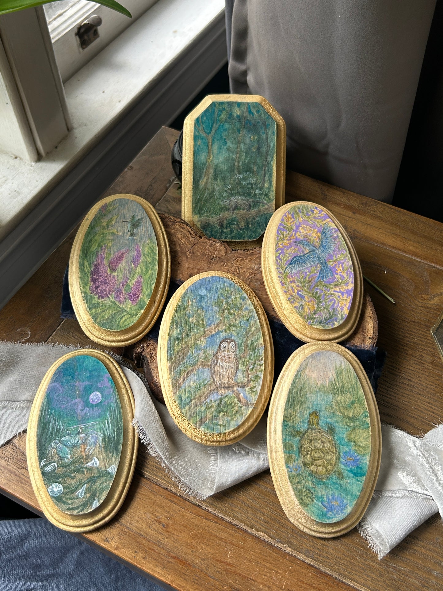 Miniature Original Watercolor Paintings- barred owl, opossum, bluebird, crab,hummingbird, or turtle