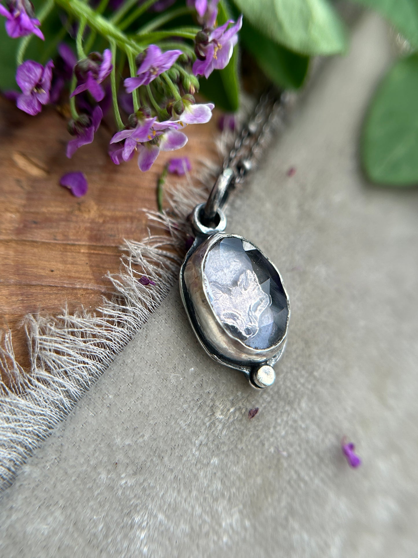 Mini amethyst with fox or moth woodland animal necklace- sterling silver jewelry