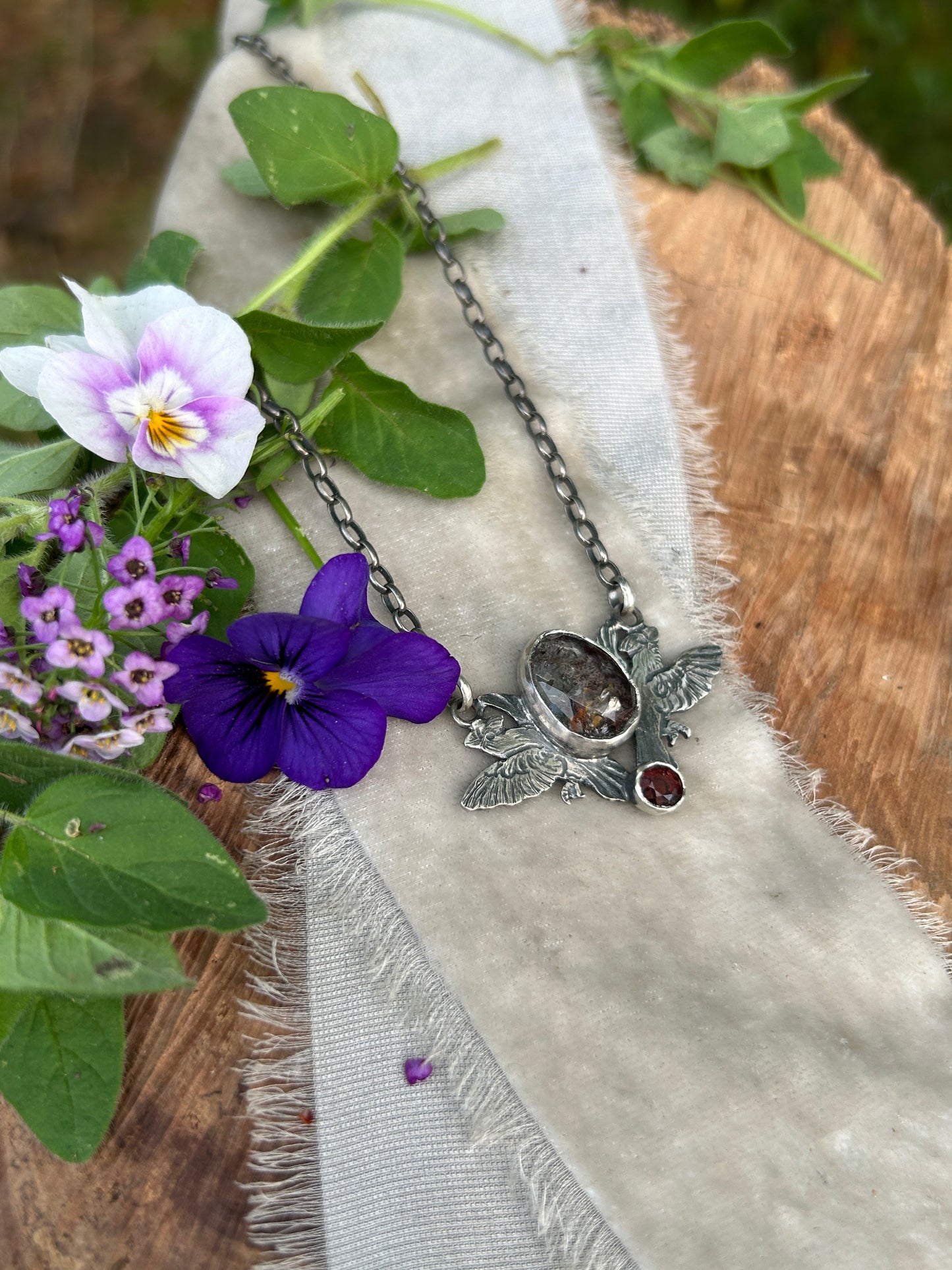 Cardinals with garden quartz and garnet necklace- sterling silver jewelry