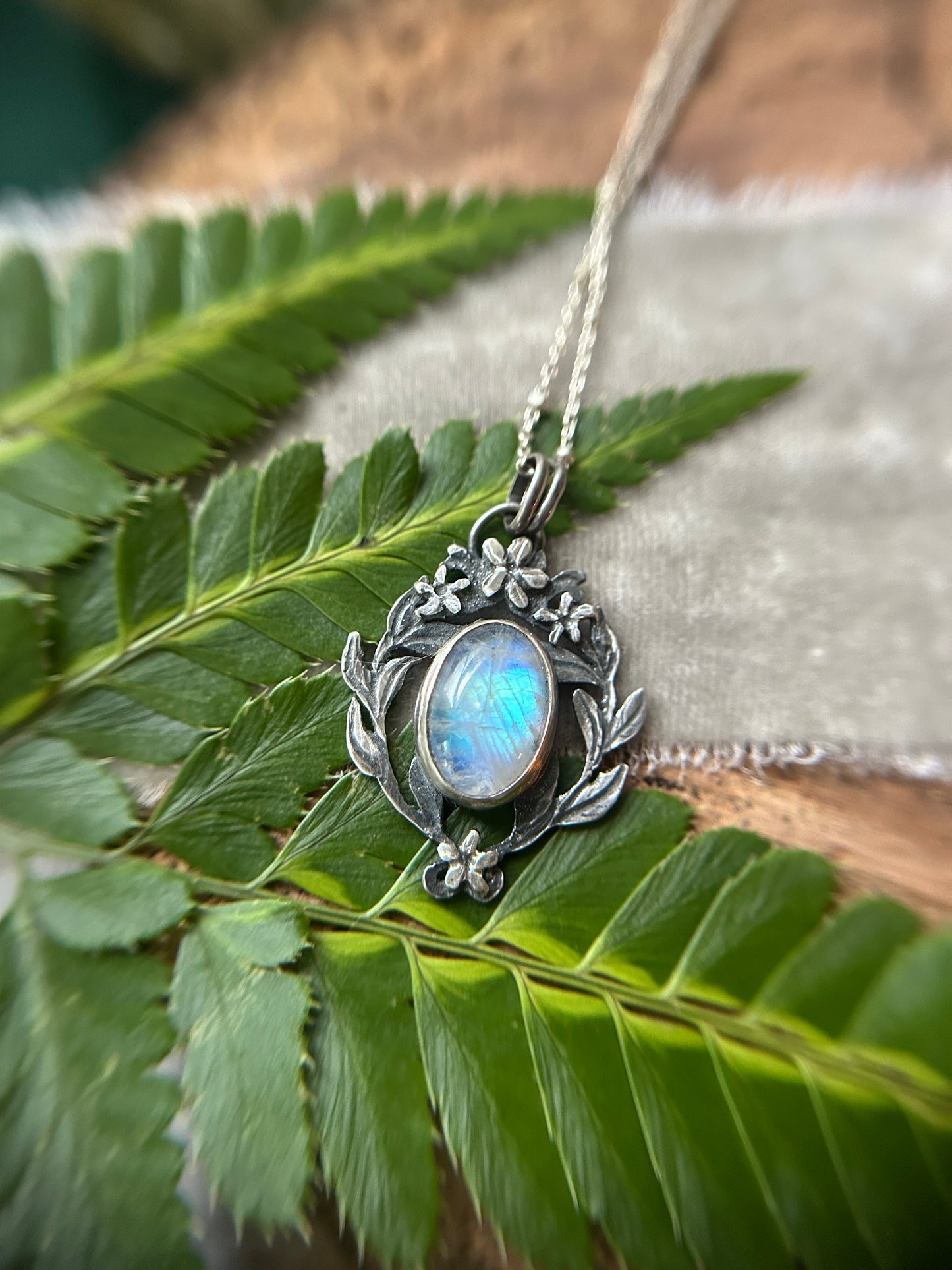 Rainbow moonstone with star jasmine and Luna moth necklace- sterling silver jewelry