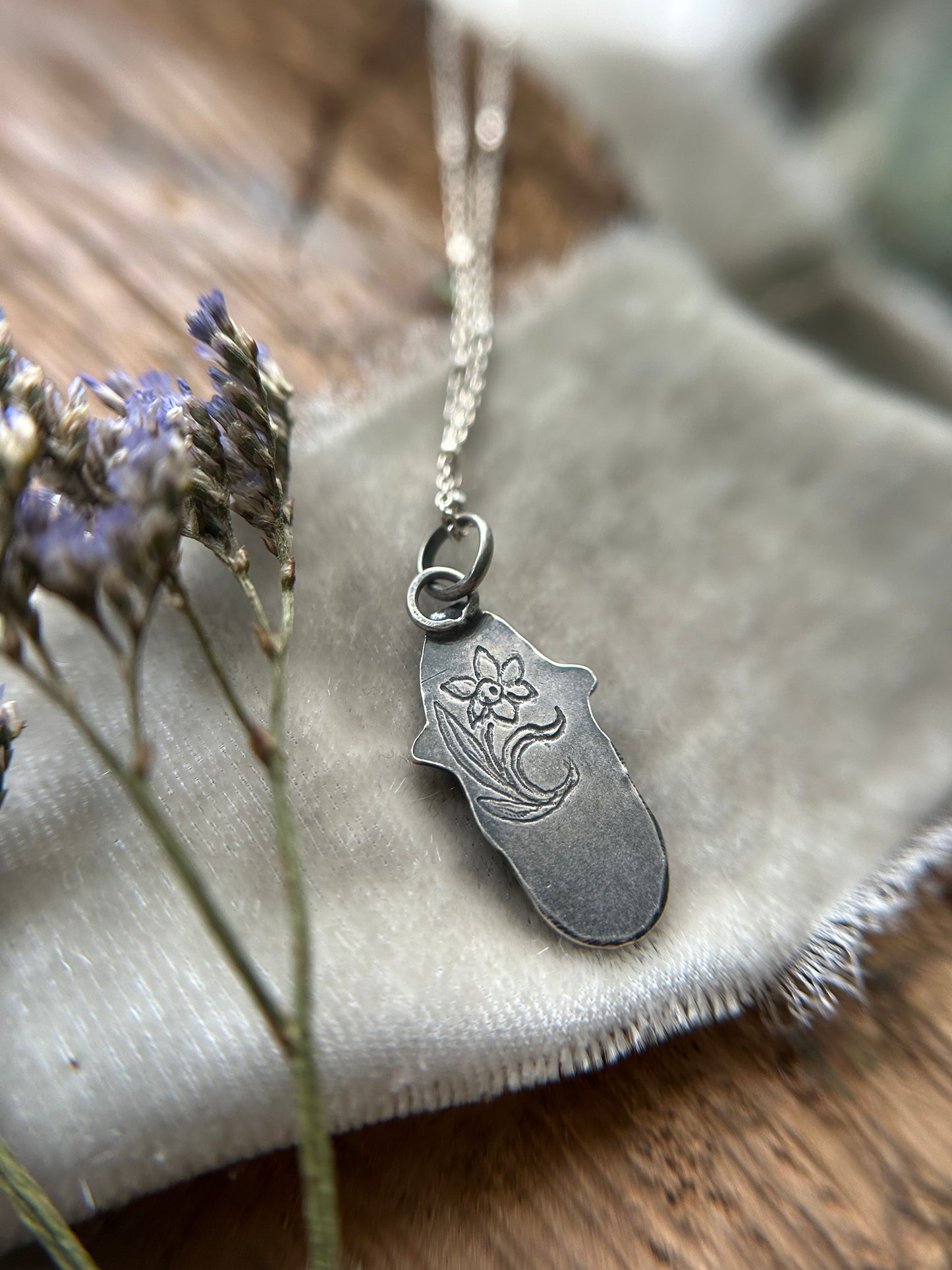 Sphene and Daffodil Necklace- sterling silver floral jewelry