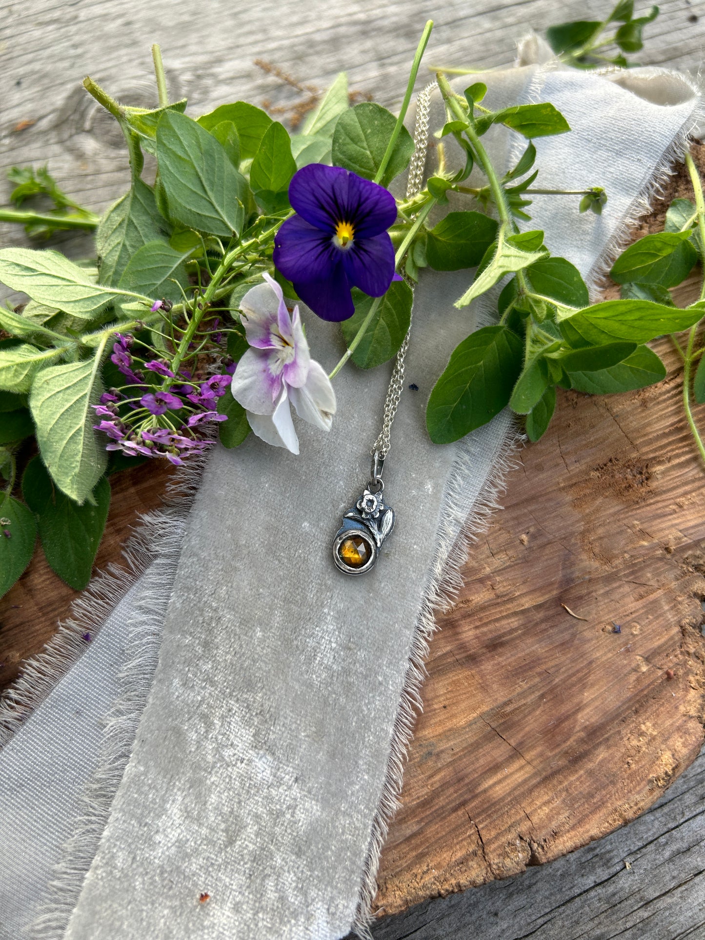 Mini Daffodil with golden sphene Necklace- sterling silver floral jewelry