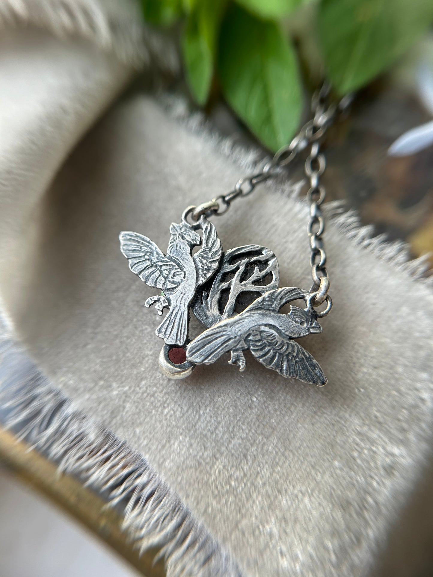 Cardinals with garden quartz and garnet necklace- sterling silver jewelry