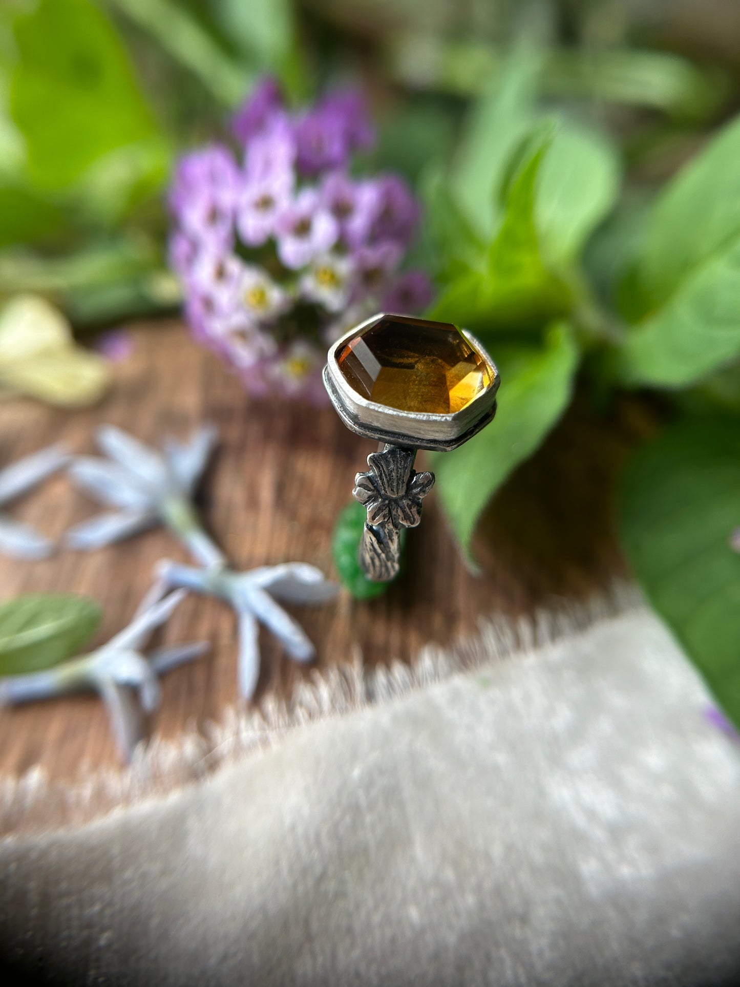 Rabbit and Daffodil citrine hexagon ring- sterling silver jewelry
