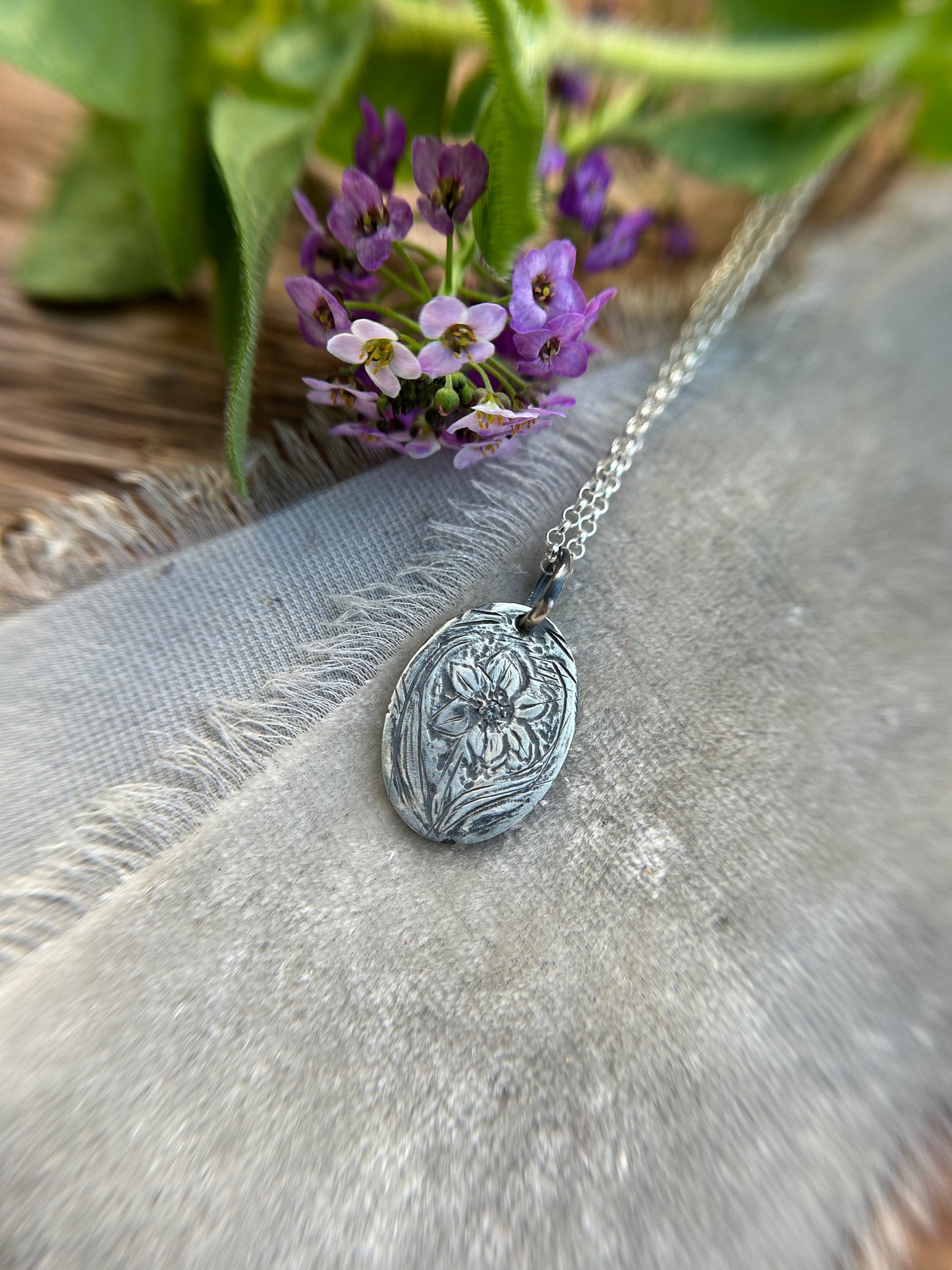 Engraved plant pendant with white sapphire necklace- sterling silver jewelry