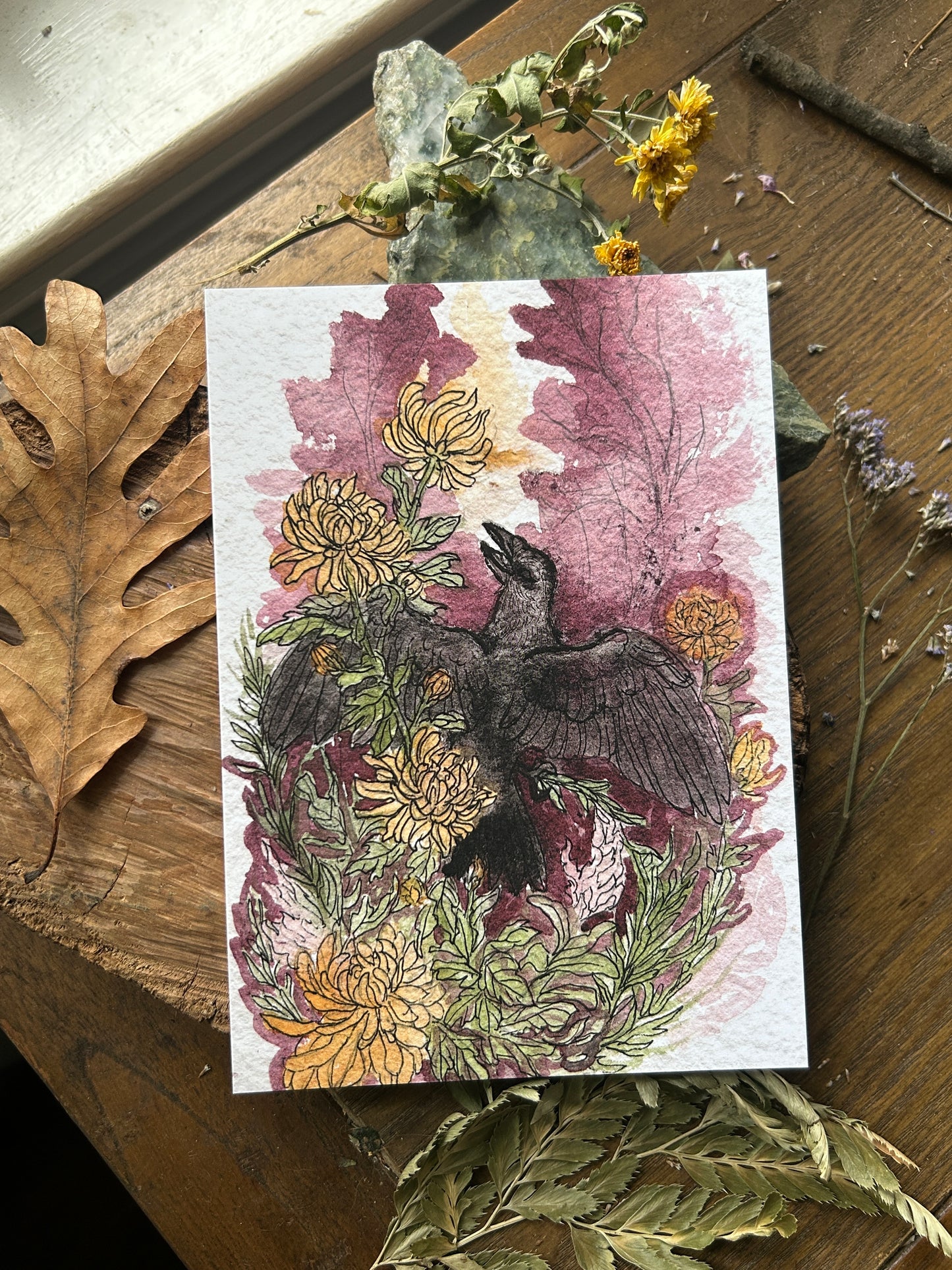 Art print- Crow and Autumn Garden- watercolor print 5x7 inches