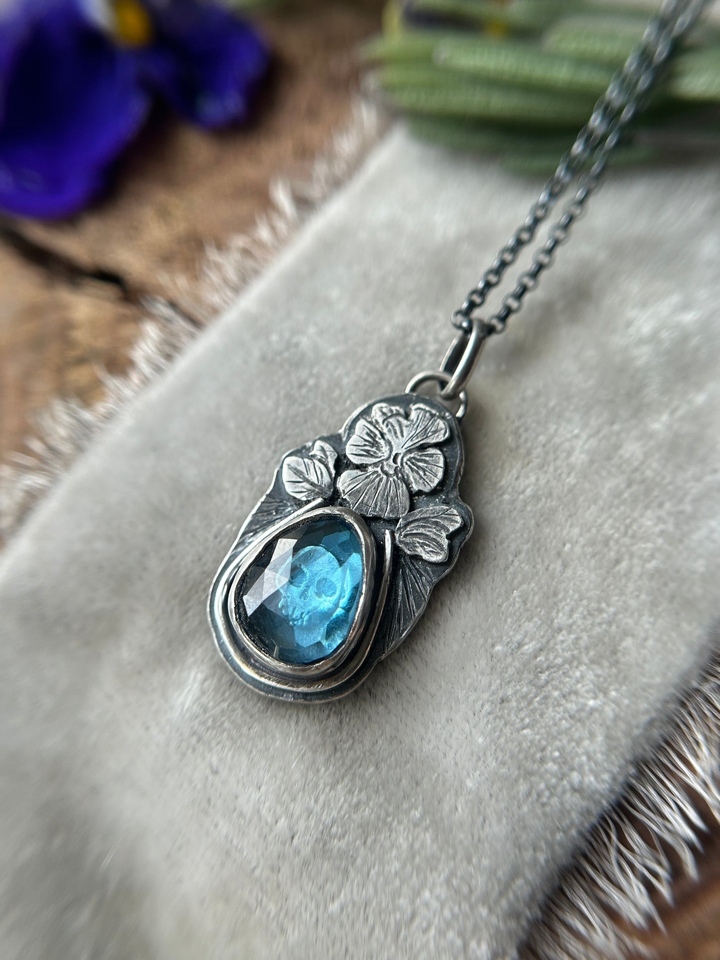 Pansy Skull with London Blue Topaz- memento mori sterling silver necklace