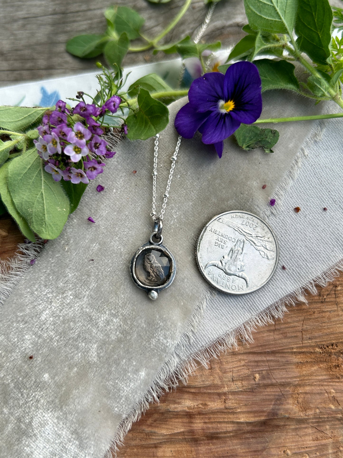 Smoky quartz barn owl necklace- Sterling silver jewelry