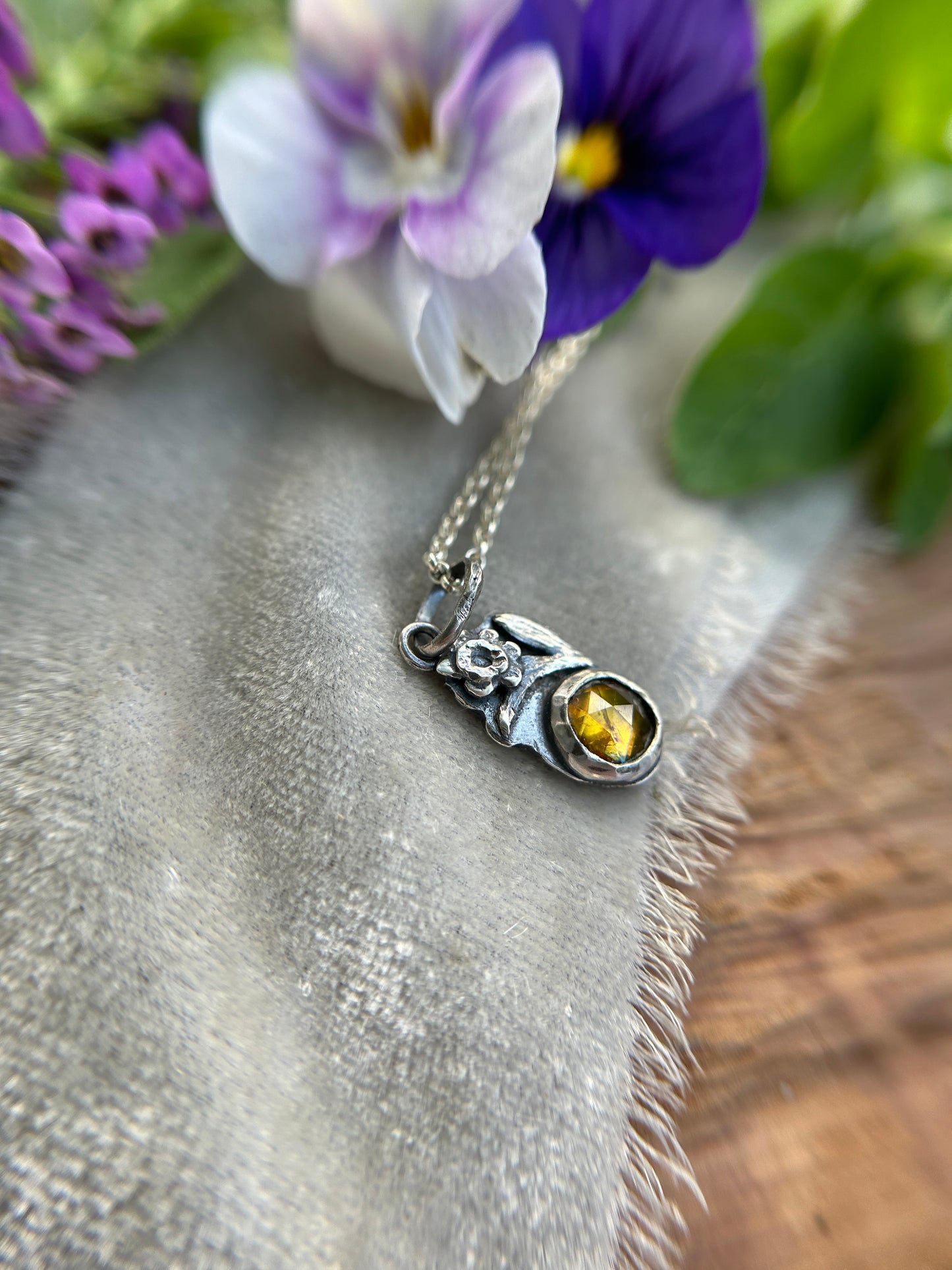 Mini Daffodil with golden sphene Necklace- sterling silver floral jewelry