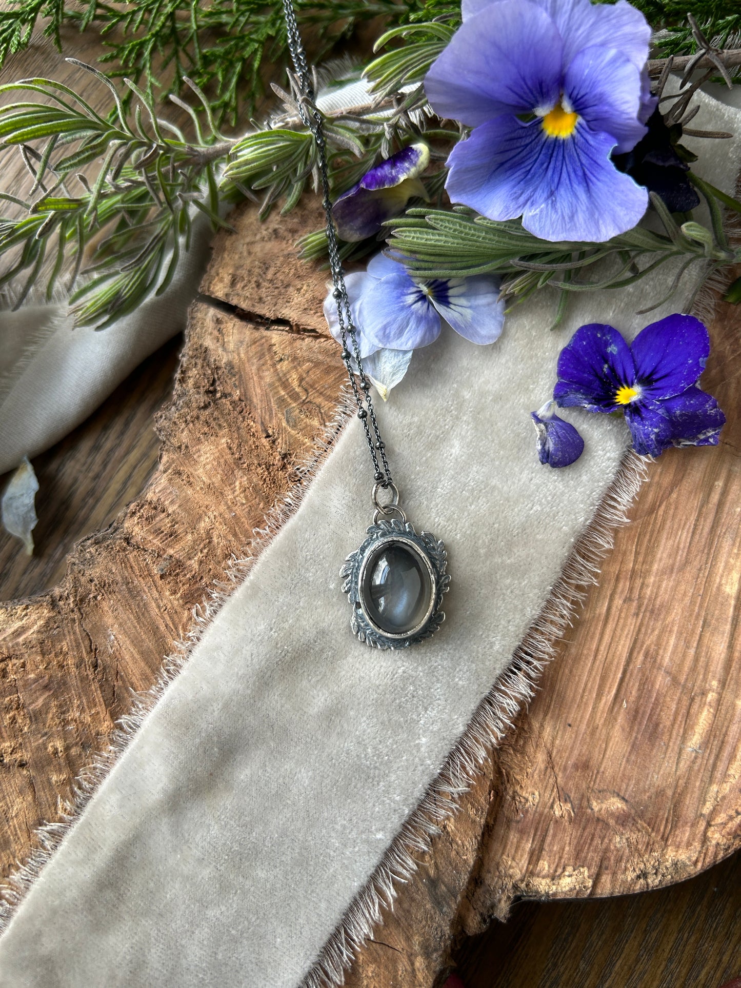Grey Moonstone Forest Scrying Mirror Necklace- sterling silver