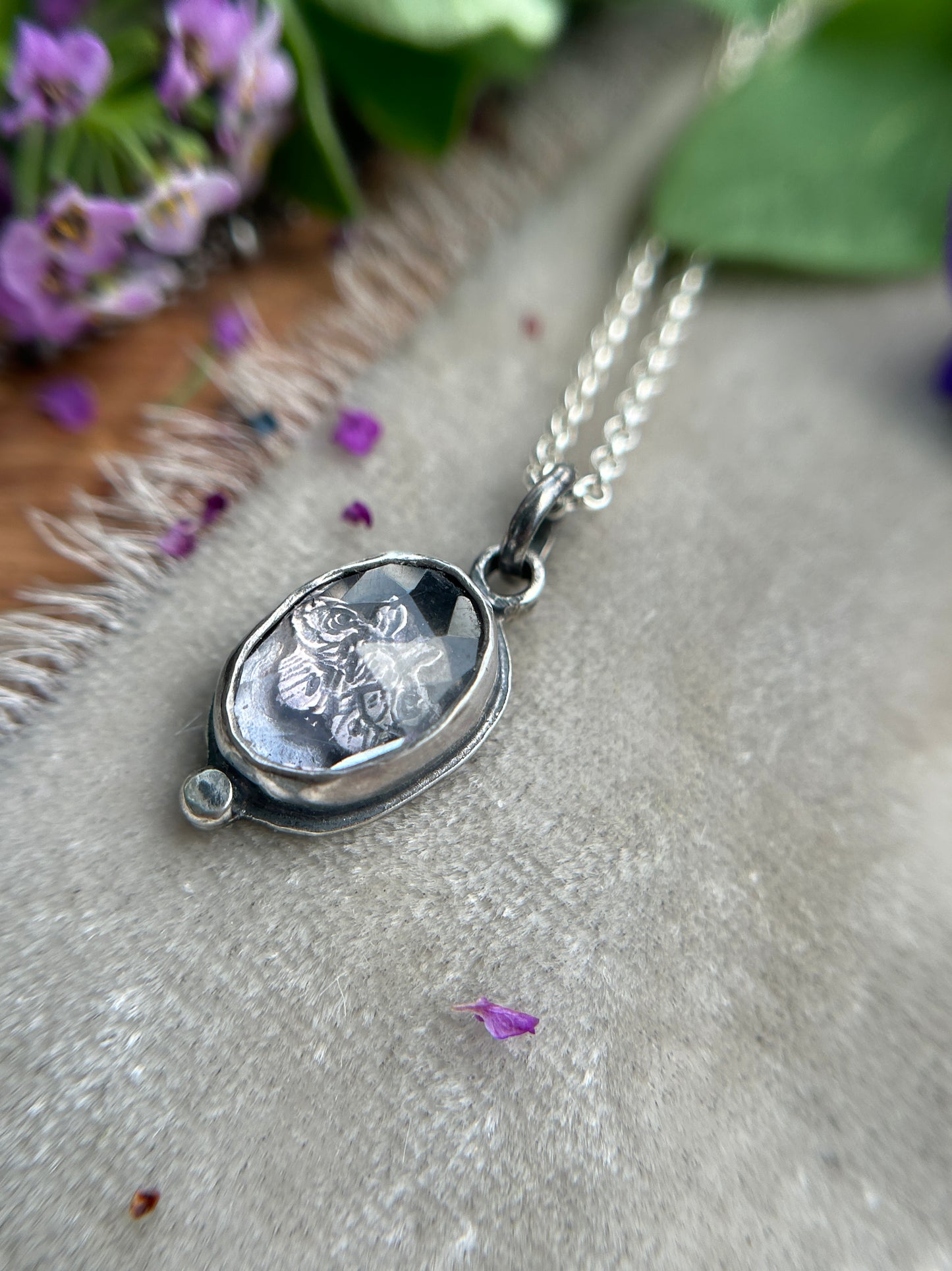 Mini amethyst with fox or moth woodland animal necklace- sterling silver jewelry