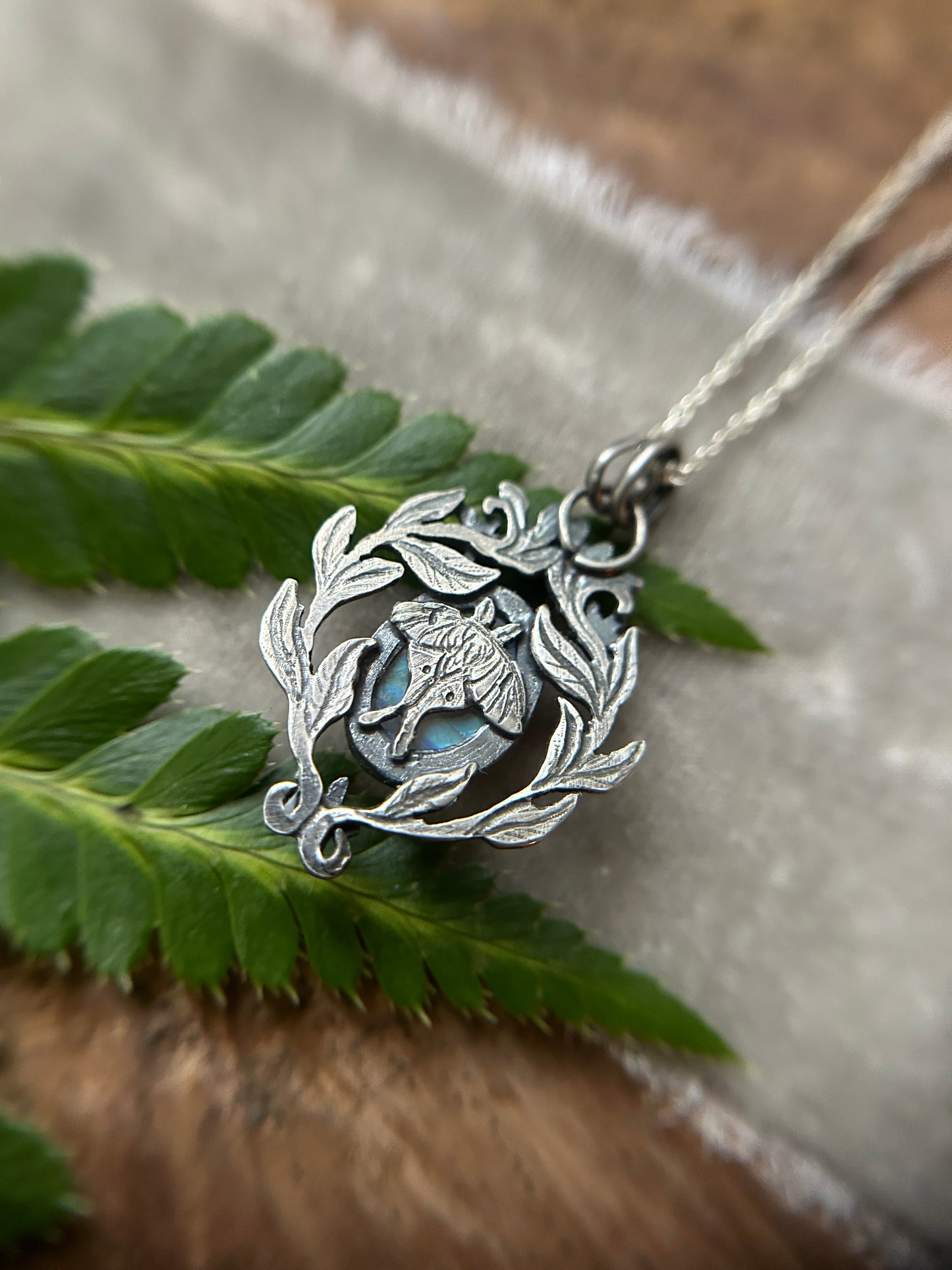 Rainbow moonstone with star jasmine and Luna moth necklace- sterling silver jewelry