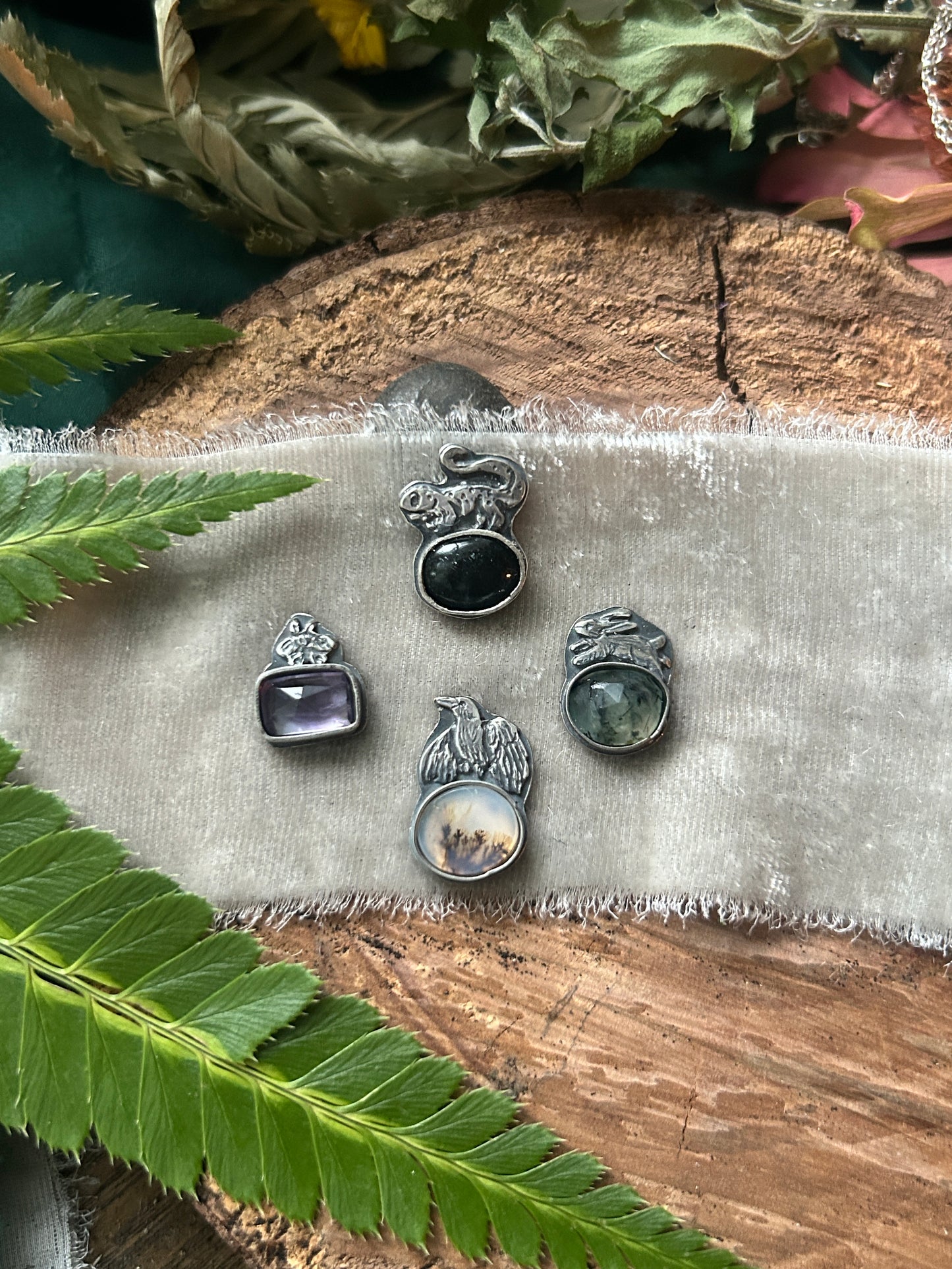Woodland creature with gemstone- your choice of ring or pendant- sterling silver jewelry