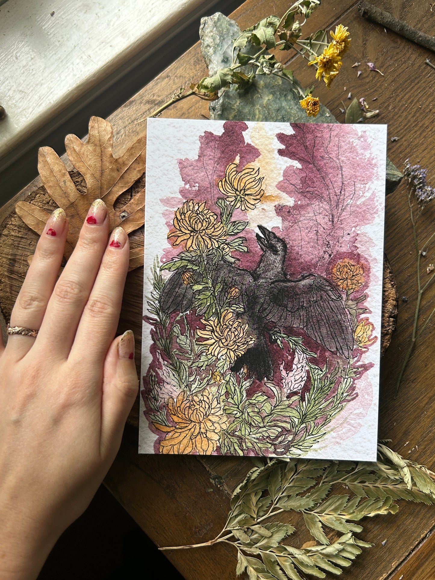 Art print- Crow and Autumn Garden- watercolor print 5x7 inches