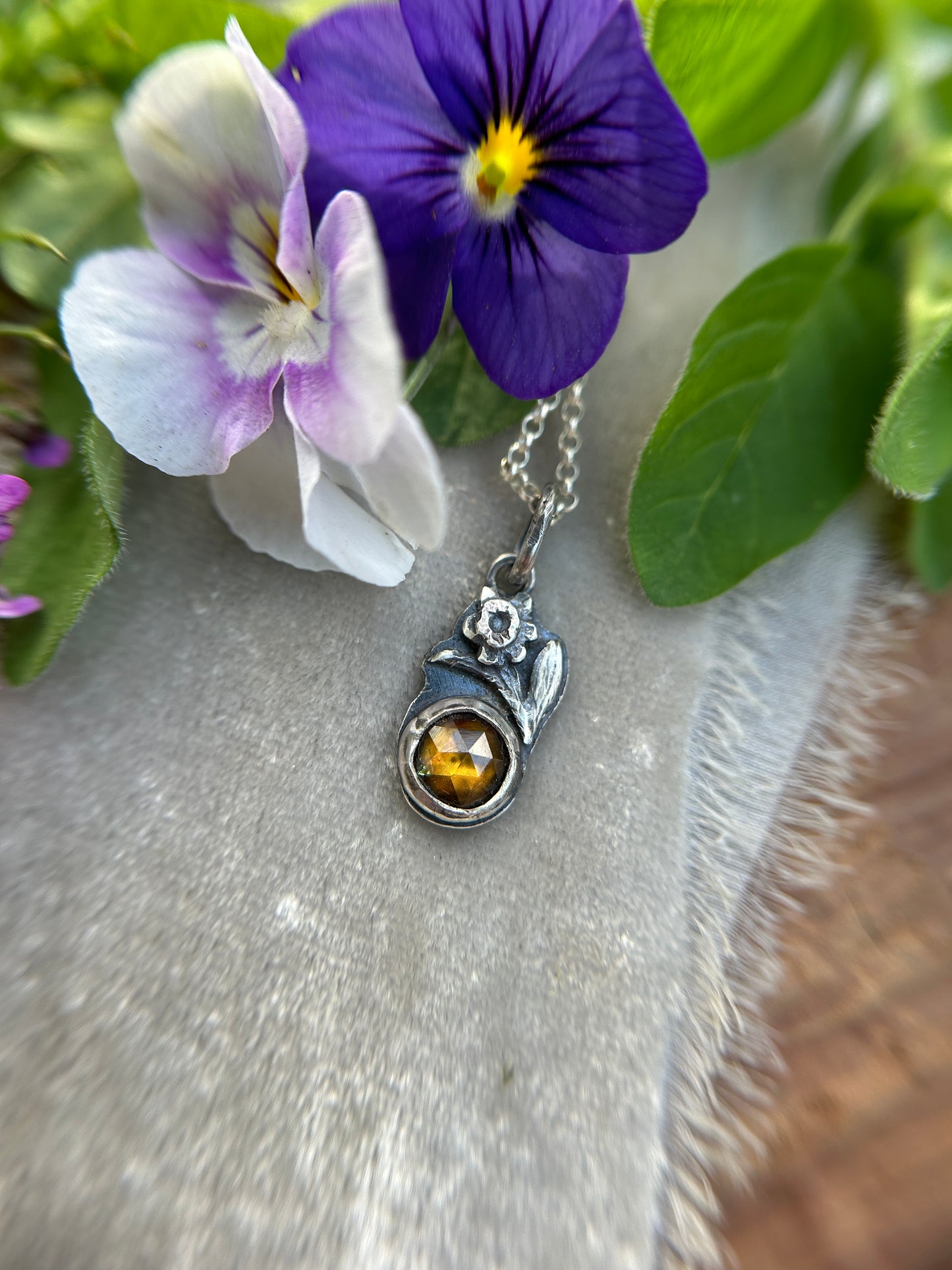 Mini Daffodil with golden sphene Necklace- sterling silver floral jewelry