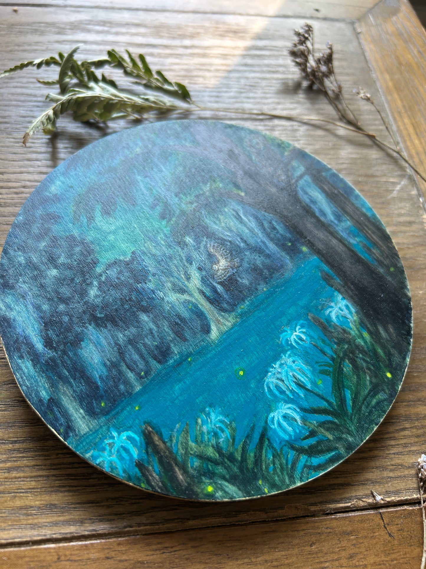 Night Ghosts of the Swamp- original round watercolor painting on wood nature owls and swamp lilies