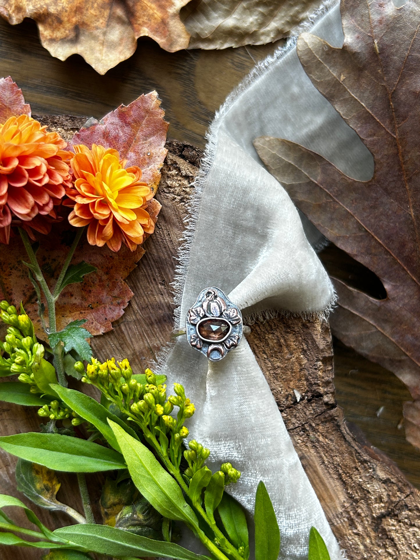 Pumpkin Moon with Zircon Ring- sterling silver and copper jewelry