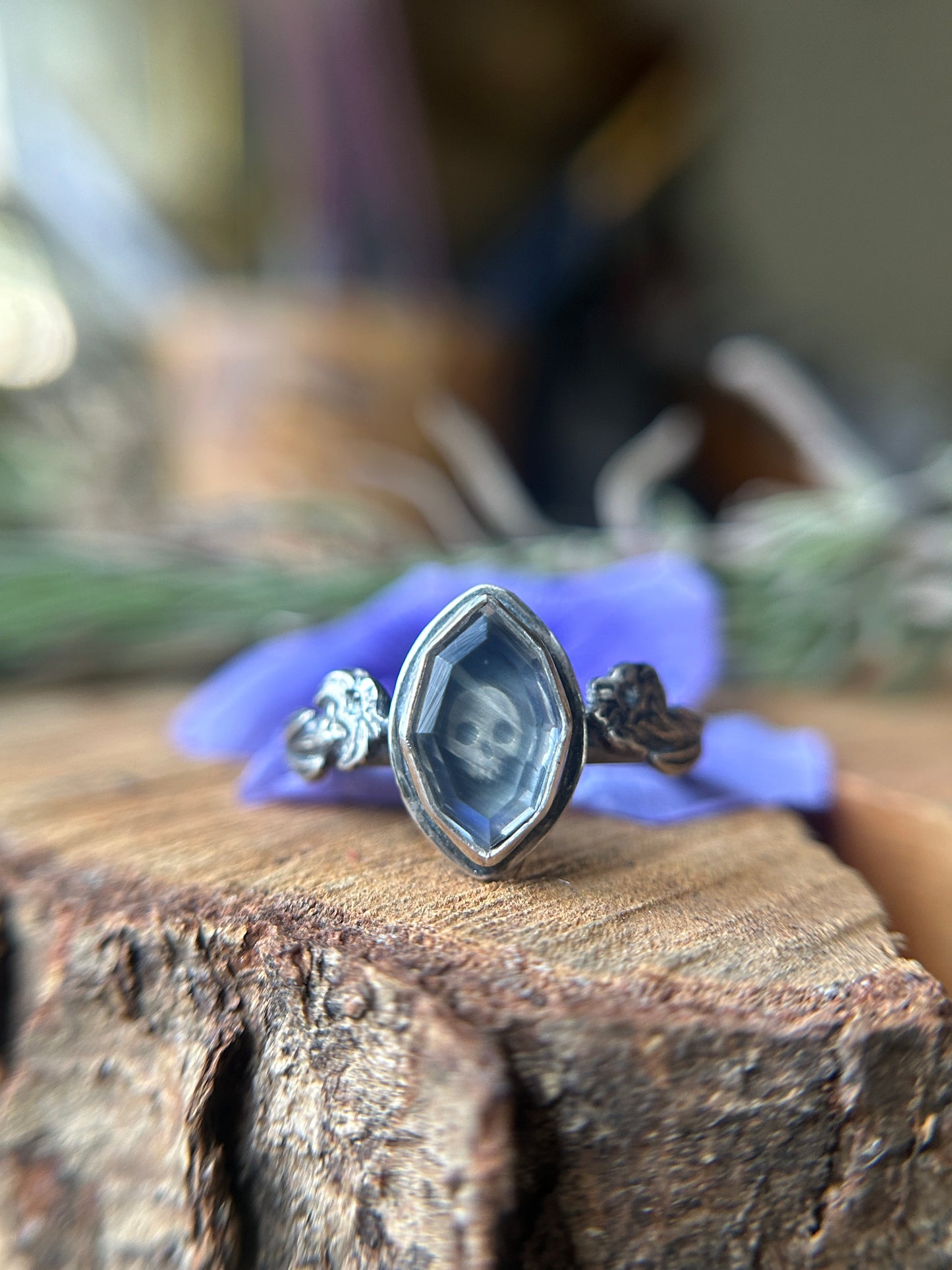 Datura Flower Skull with Portrait Cut Rainbow Moonstone -sterling silver ring in ring size 8-9