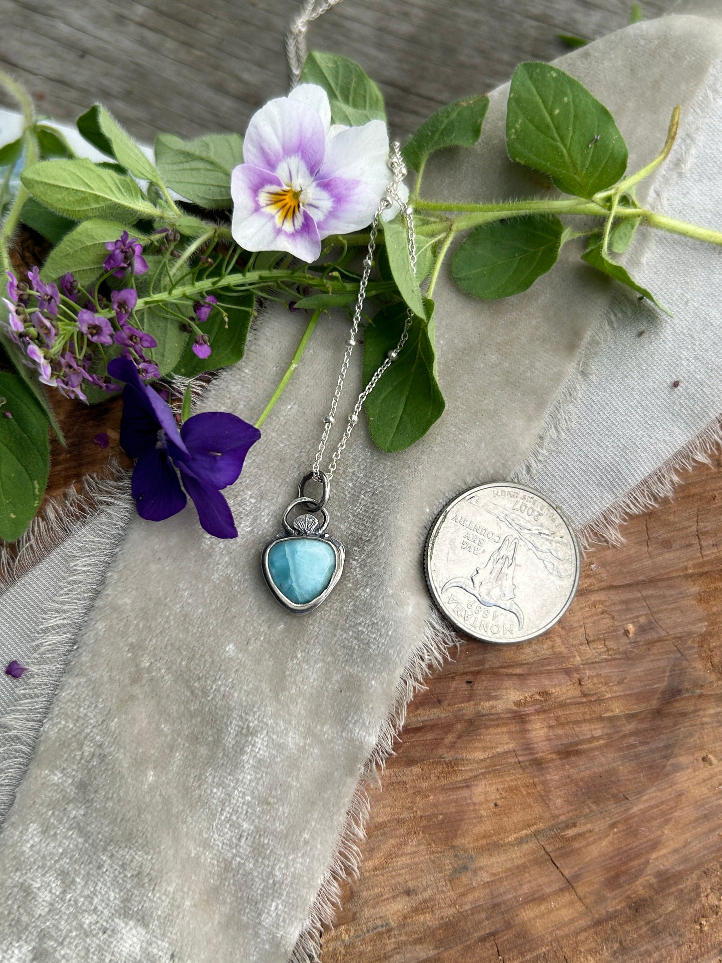Larimar with Sea Shell Detail- Sterling silver necklace- metalsmith made