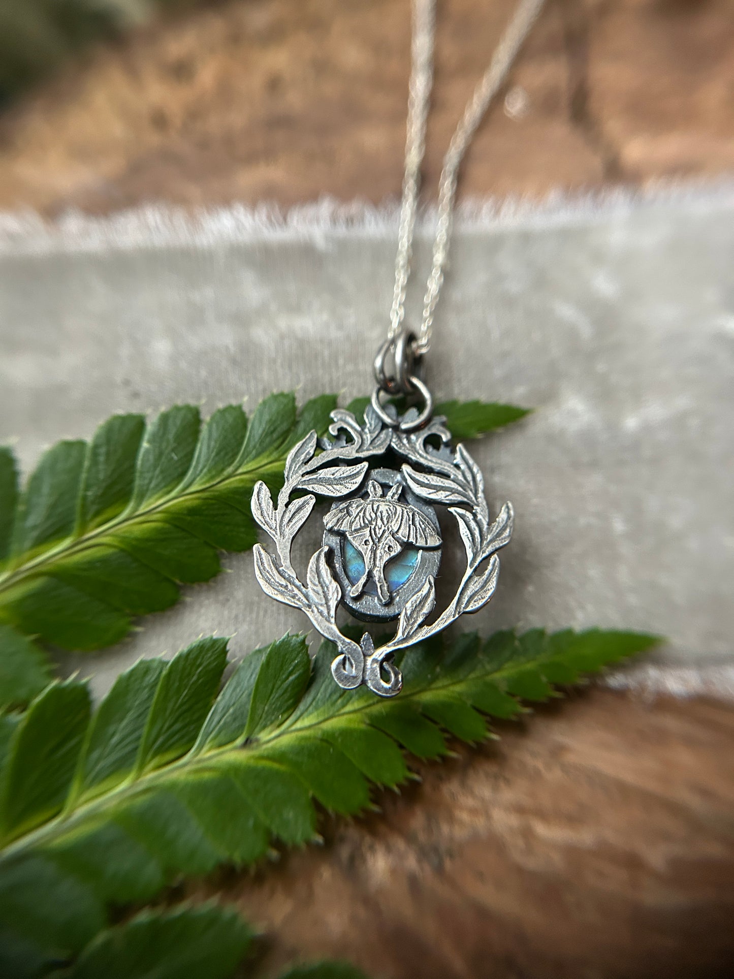Rainbow moonstone with star jasmine and Luna moth necklace- sterling silver jewelry