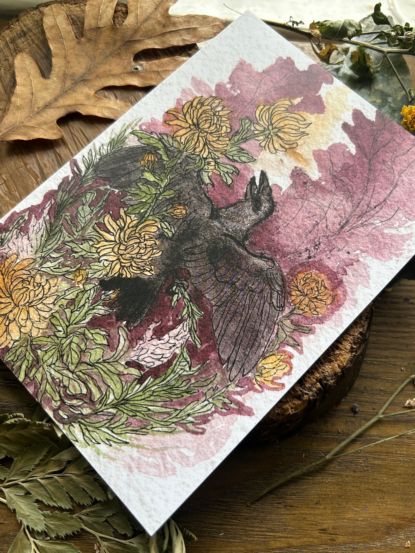Art print- Crow and Autumn Garden- watercolor print 5x7 inches