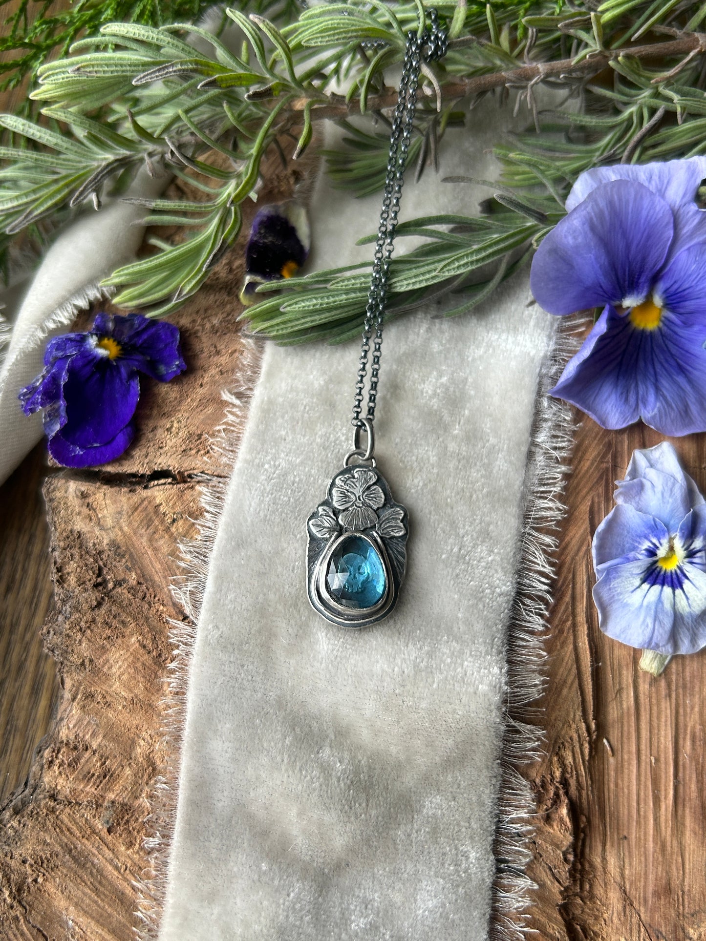 Pansy Skull with London Blue Topaz- memento mori sterling silver necklace