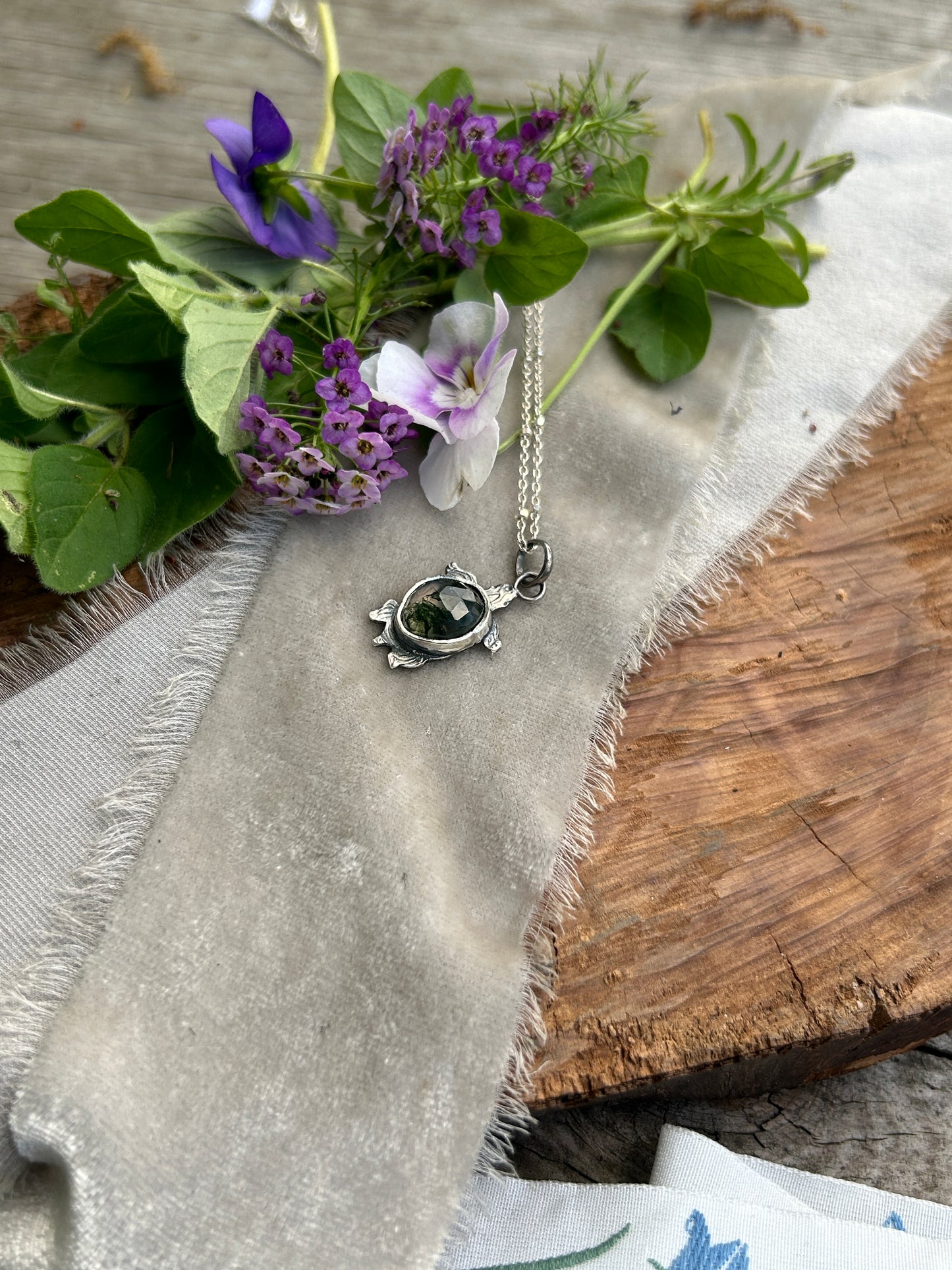 Swamp Turtle Necklace in moss agate- sterling silver
