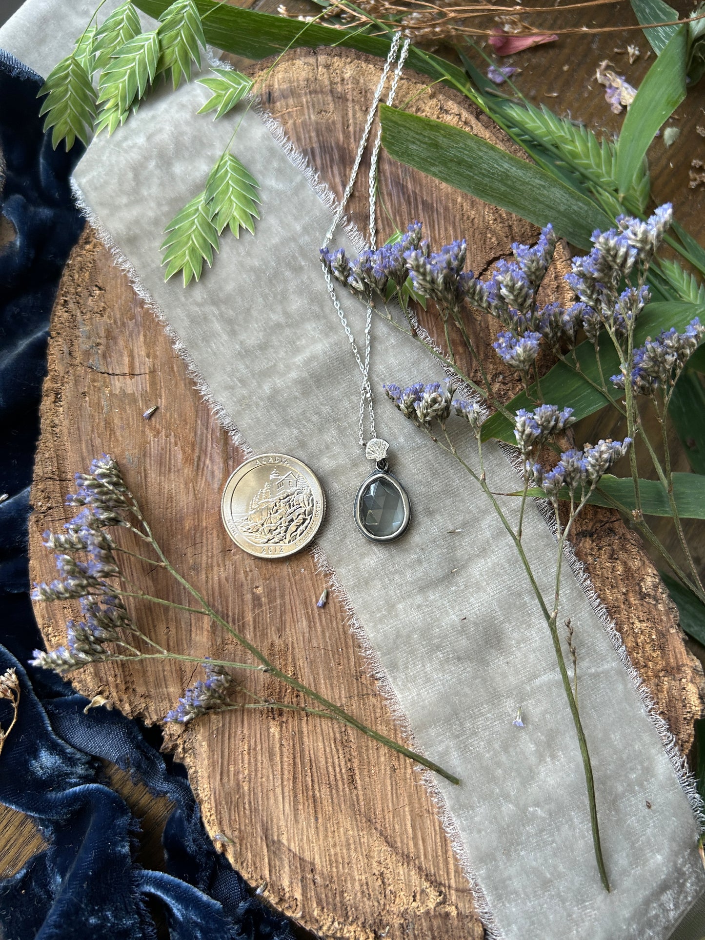 "Mini" weeping willow & urn grey moonstone necklace- sterling silver jewelry