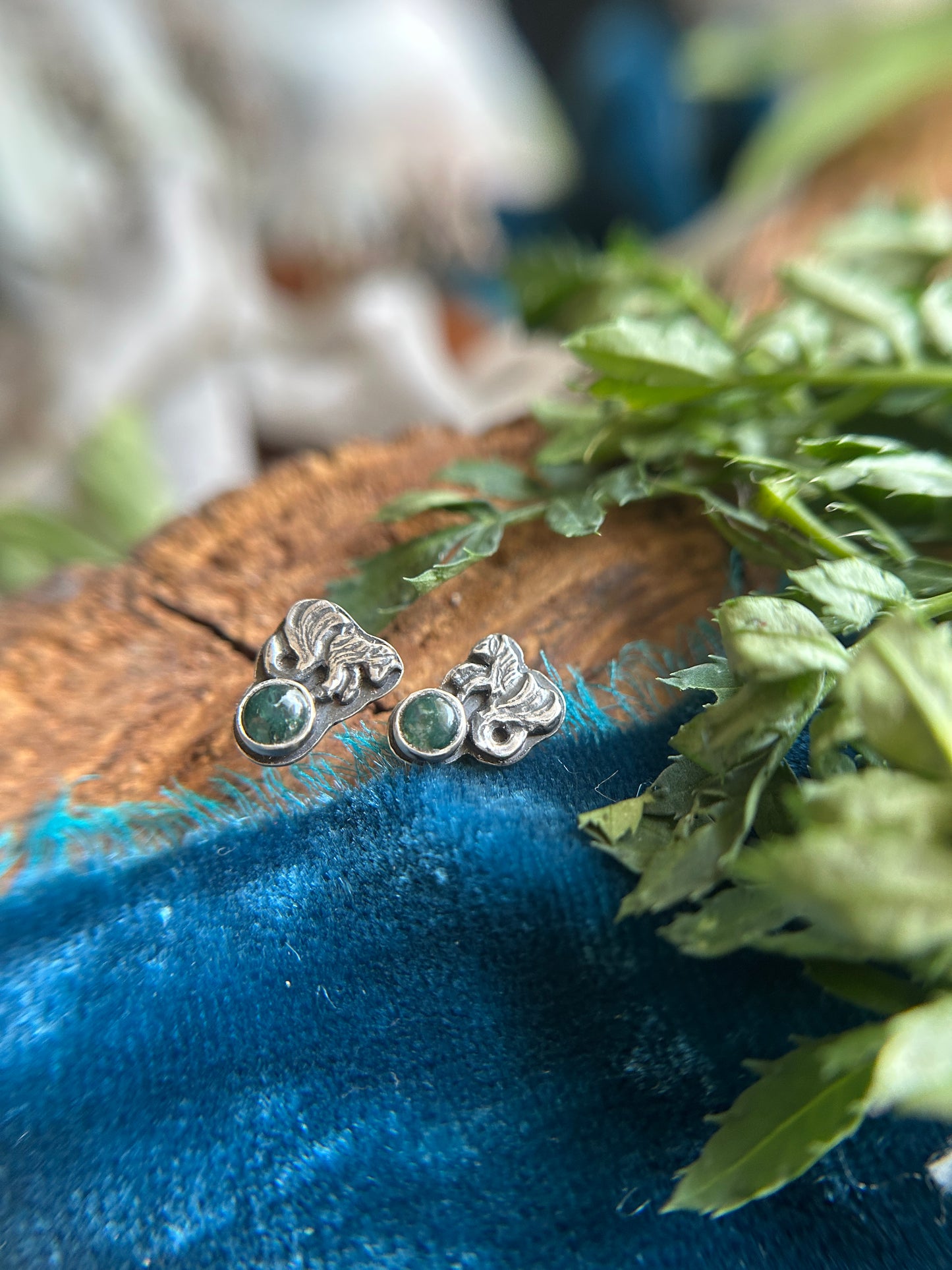 Mini Kelpie Earrings with moss agate- sterling silver jewelry