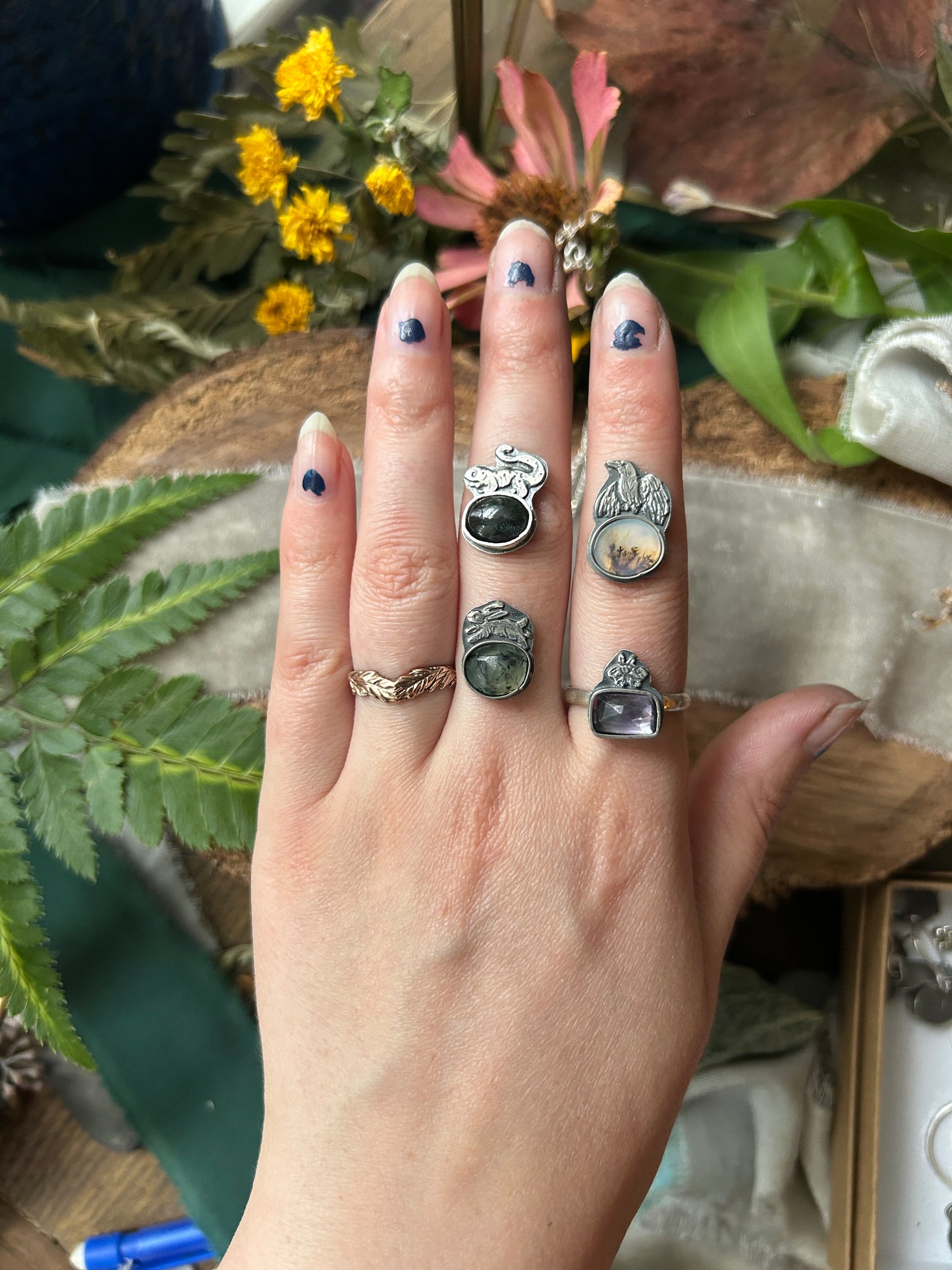 Woodland creature with gemstone- your choice of ring or pendant- sterling silver jewelry