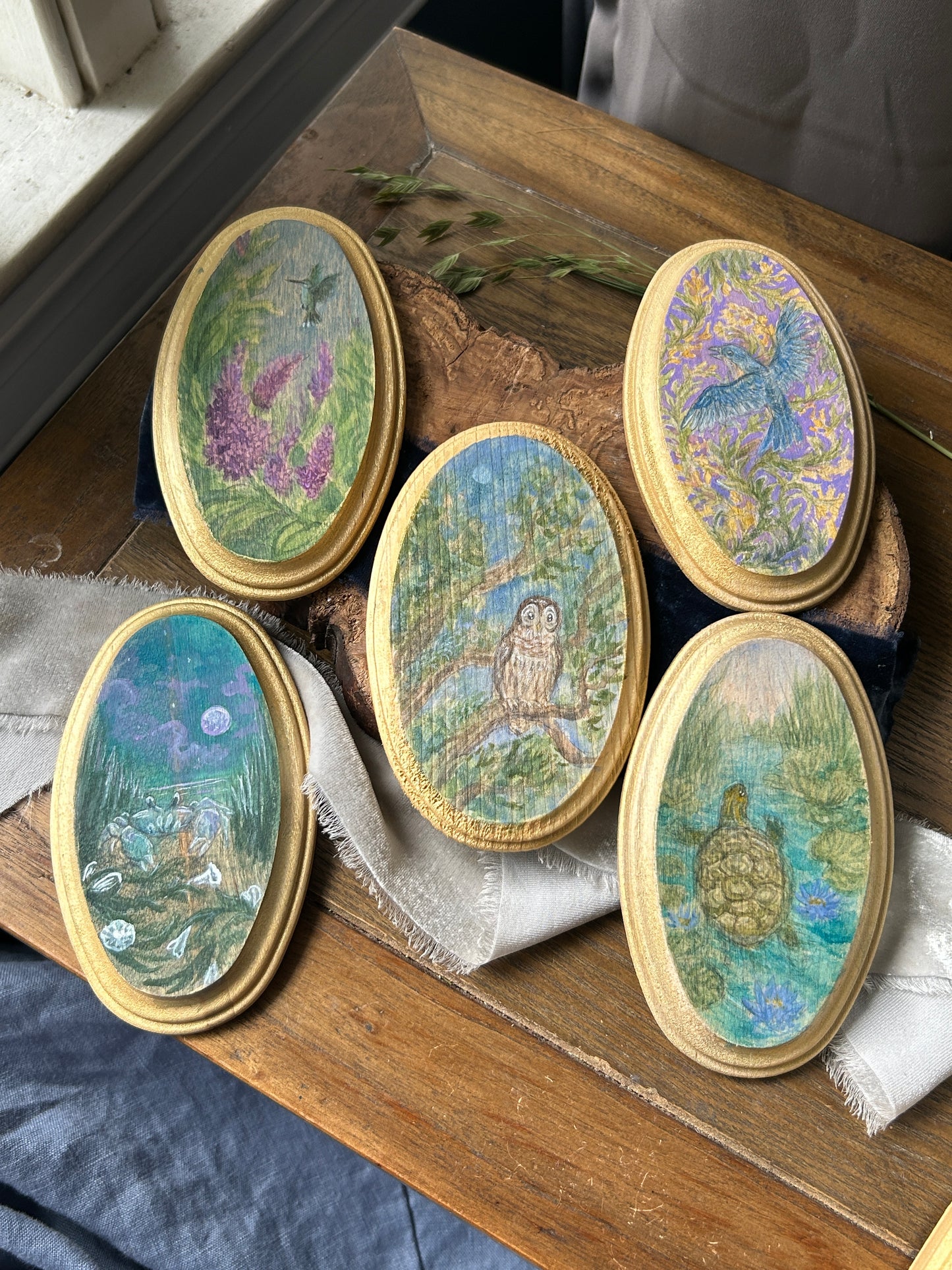 Miniature Original Watercolor Paintings- barred owl, opossum, bluebird, crab,hummingbird, or turtle