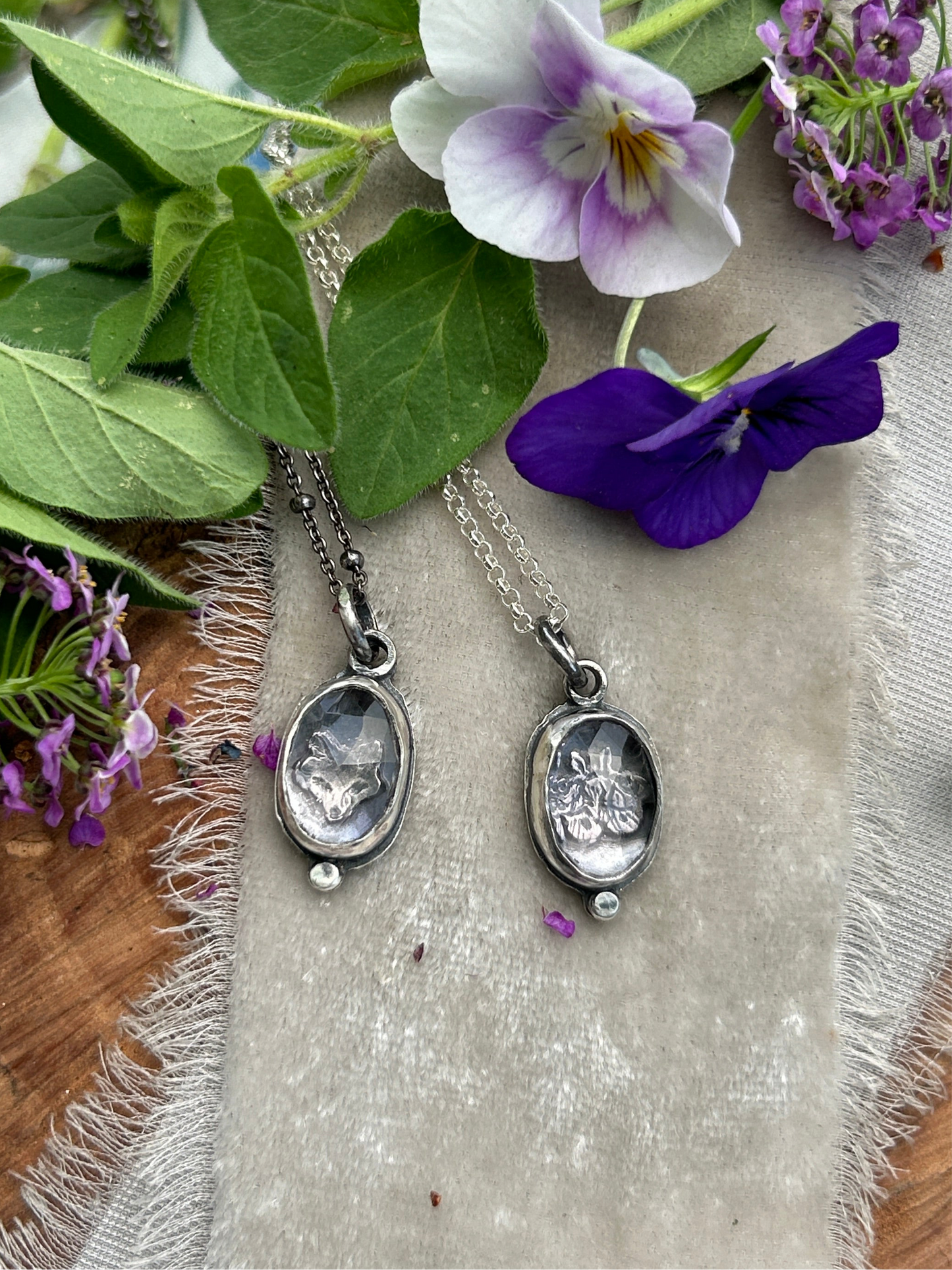 Mini amethyst with fox or moth woodland animal necklace- sterling silver jewelry