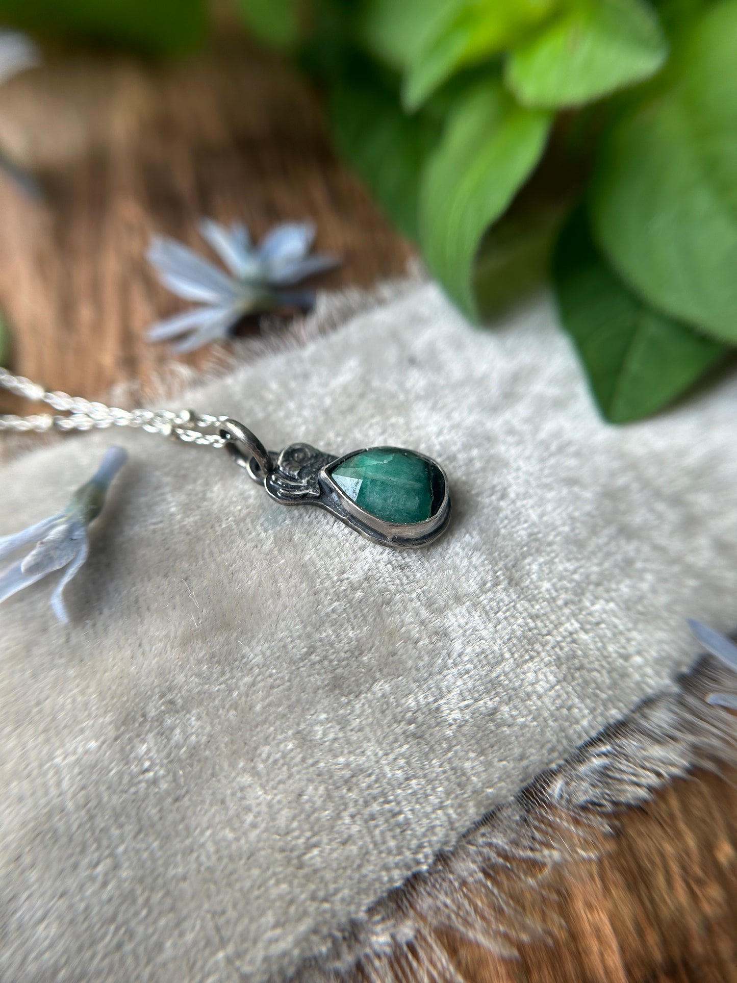 Emerald with snail necklace- sterling silver jewelry