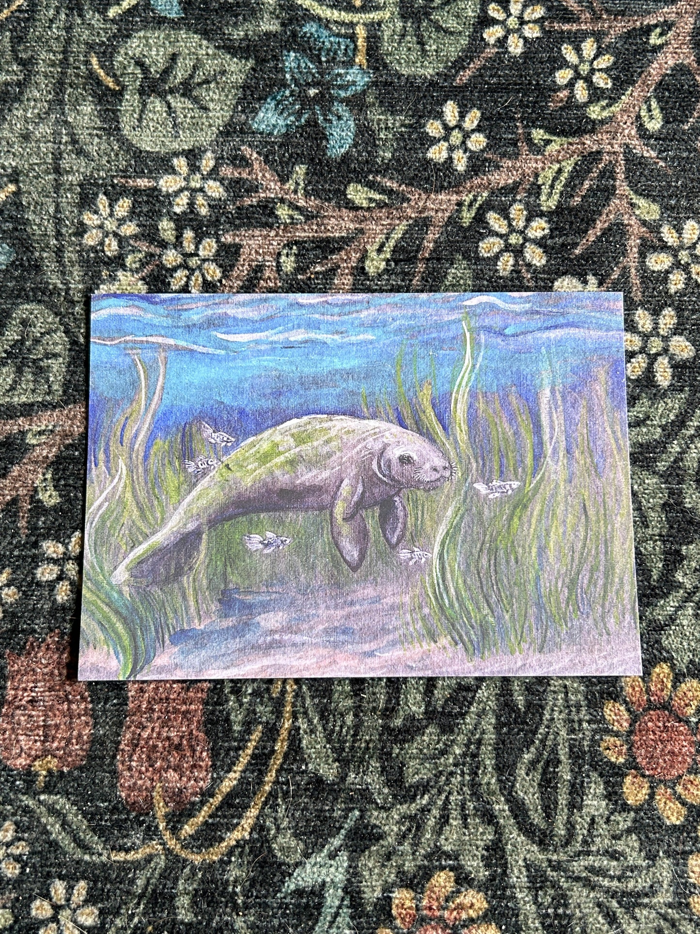 Manatee with fishes art print watercolor 5-7
