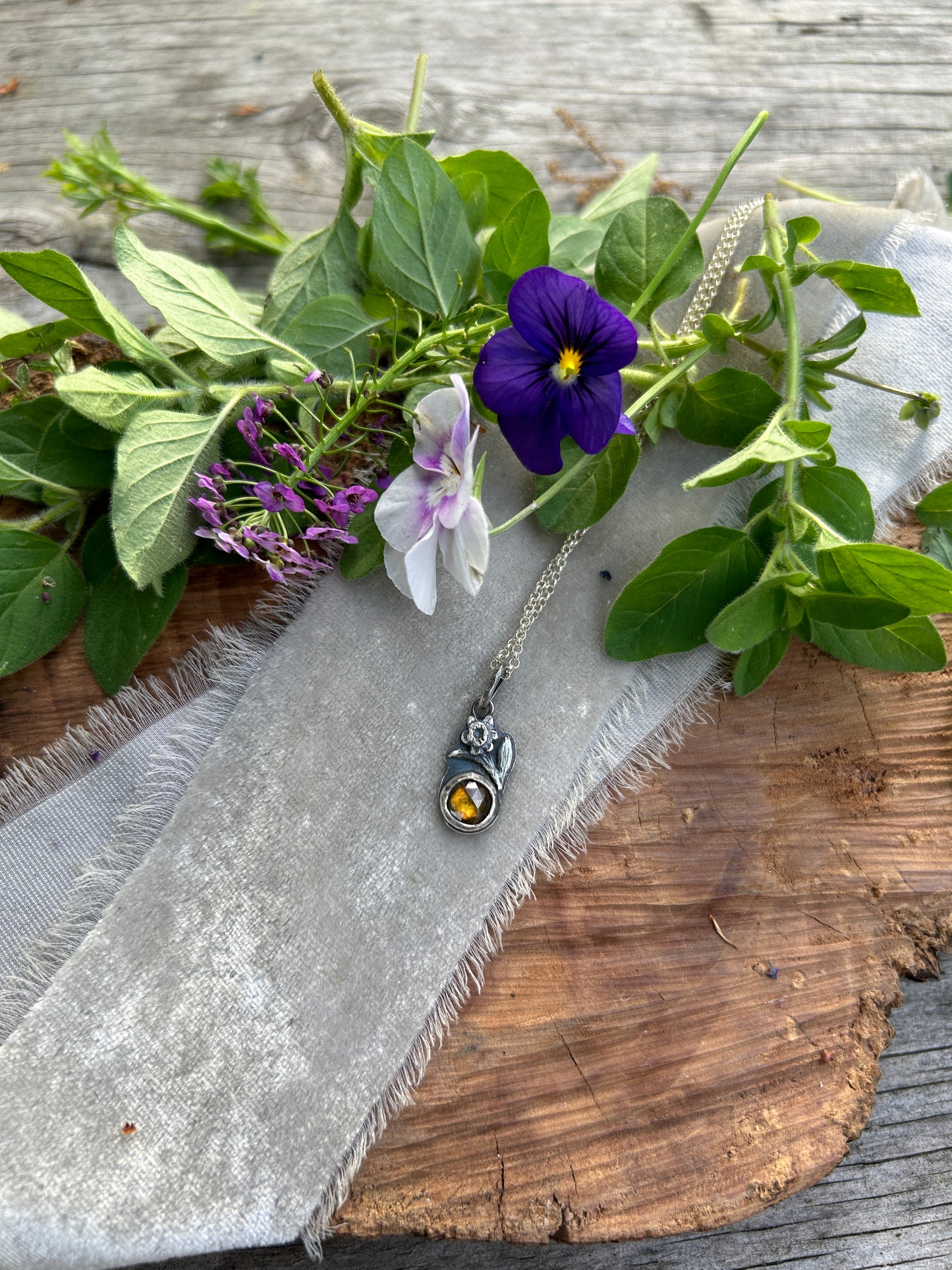 Mini Daffodil with golden sphene Necklace- sterling silver floral jewelry