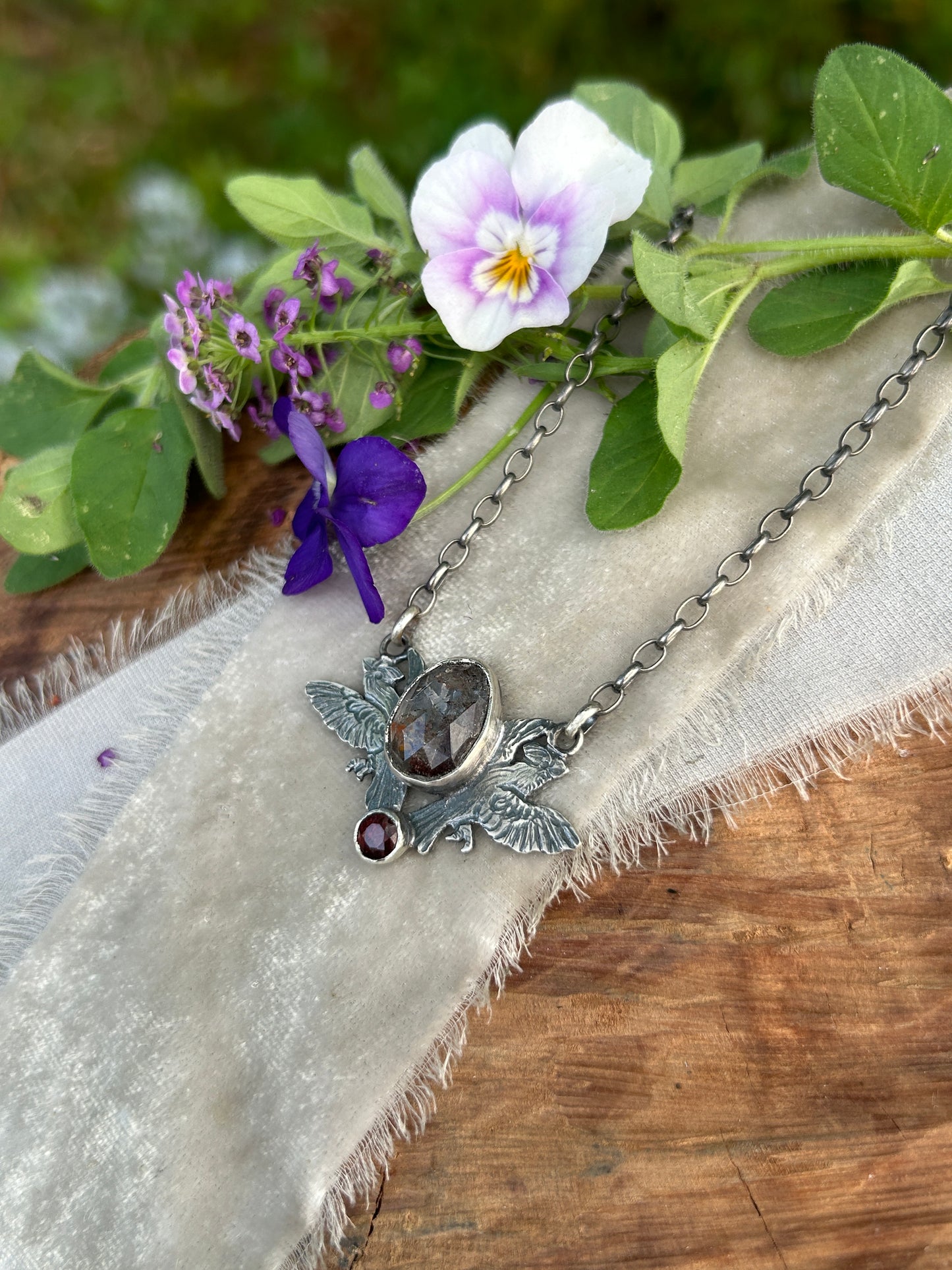 Cardinals with garden quartz and garnet necklace- sterling silver jewelry