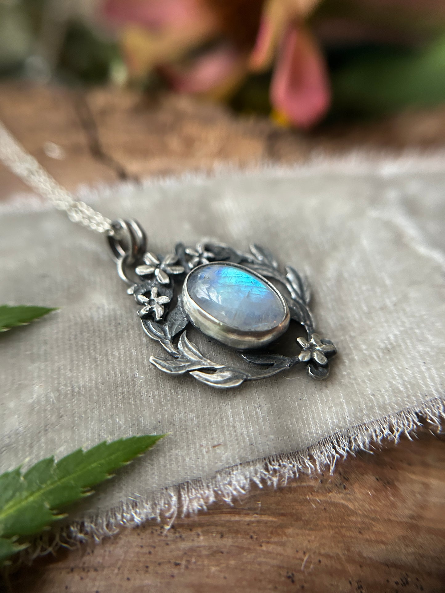 Rainbow moonstone with star jasmine and Luna moth necklace- sterling silver jewelry